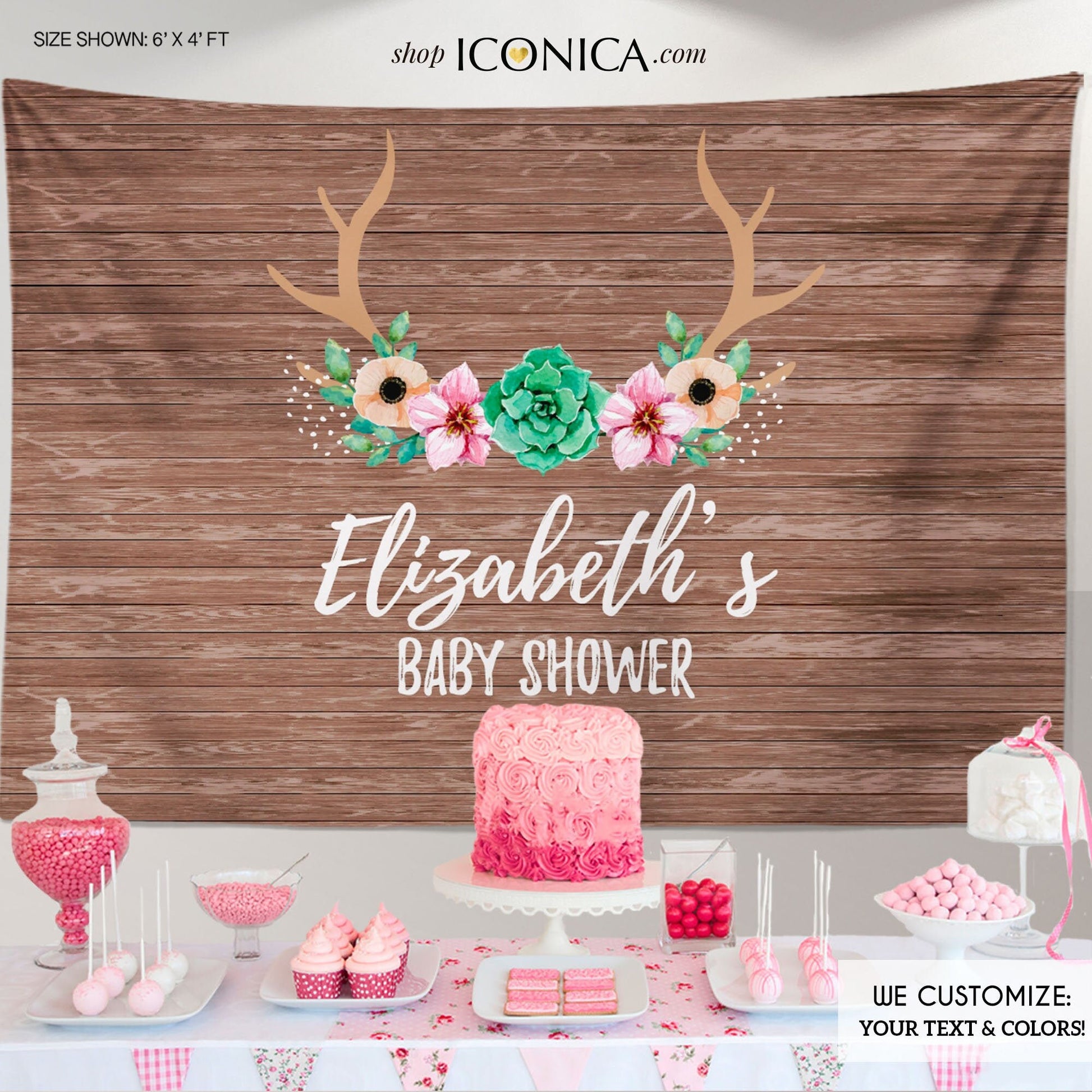 Rustic Woodland Baby Shower Backdrop, Antlers & Succulents (Printed or Printable File)