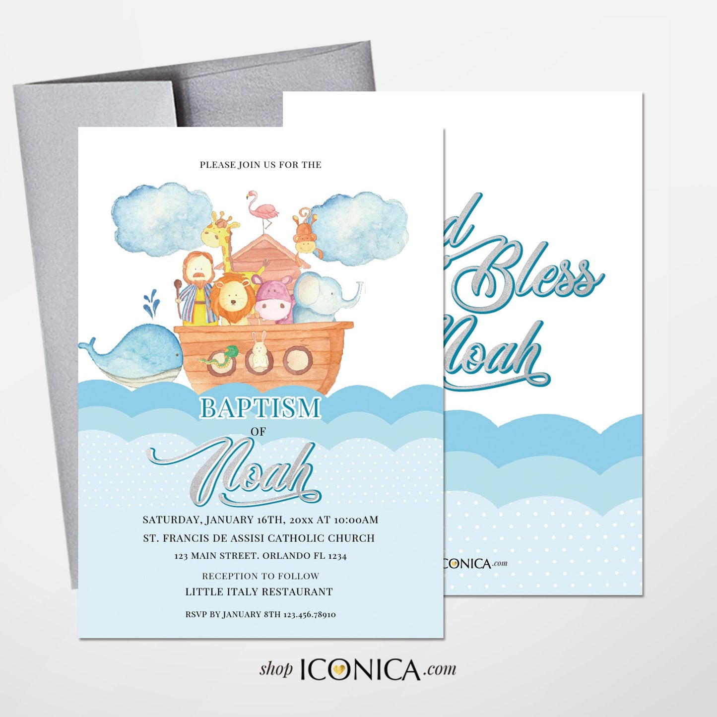 Noah's Ark Baby Shower Invitation, Boys Birthday, Baptism Cards