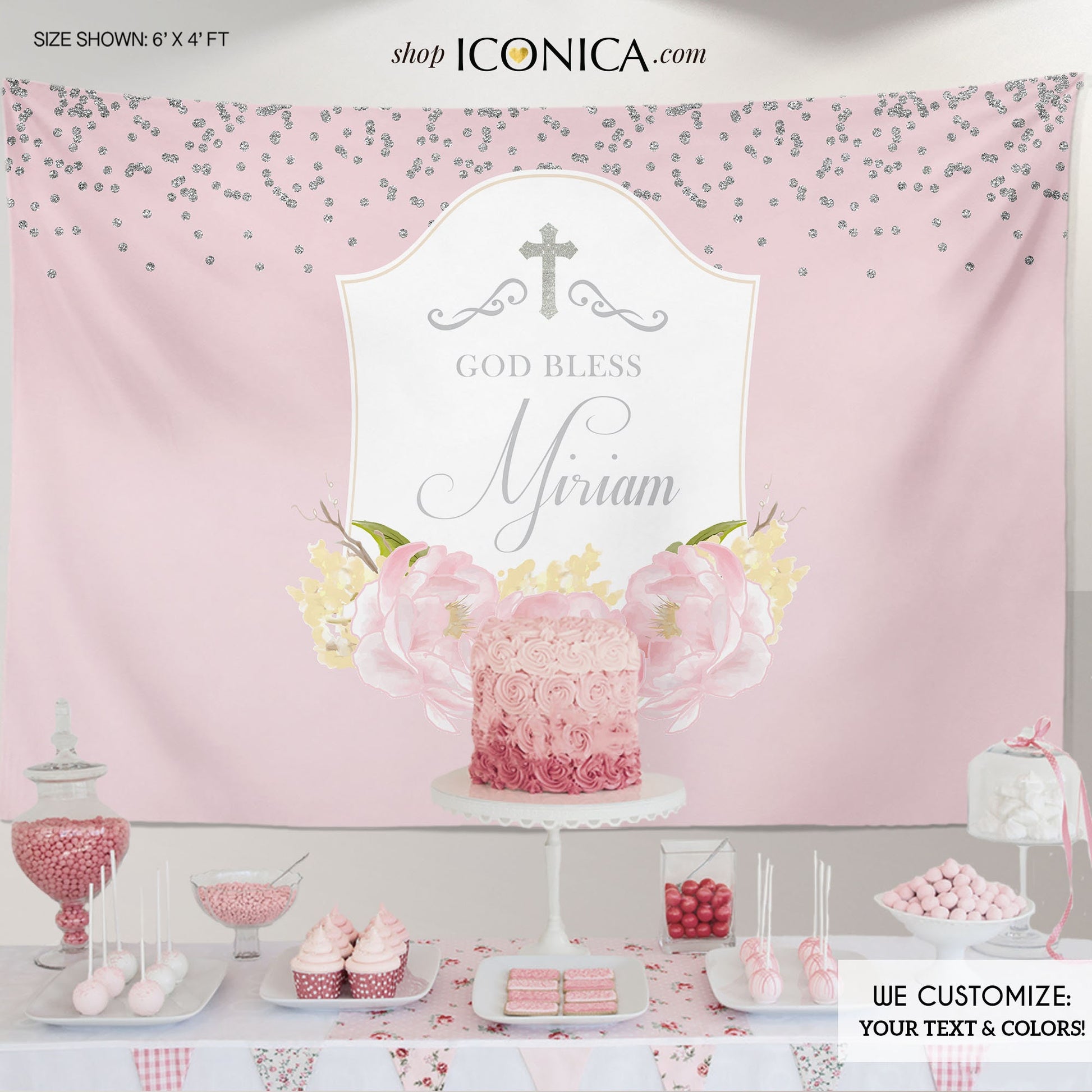 Pink Floral First Communion Backdrop, Personalized Christening Banner (Printed or Printable)