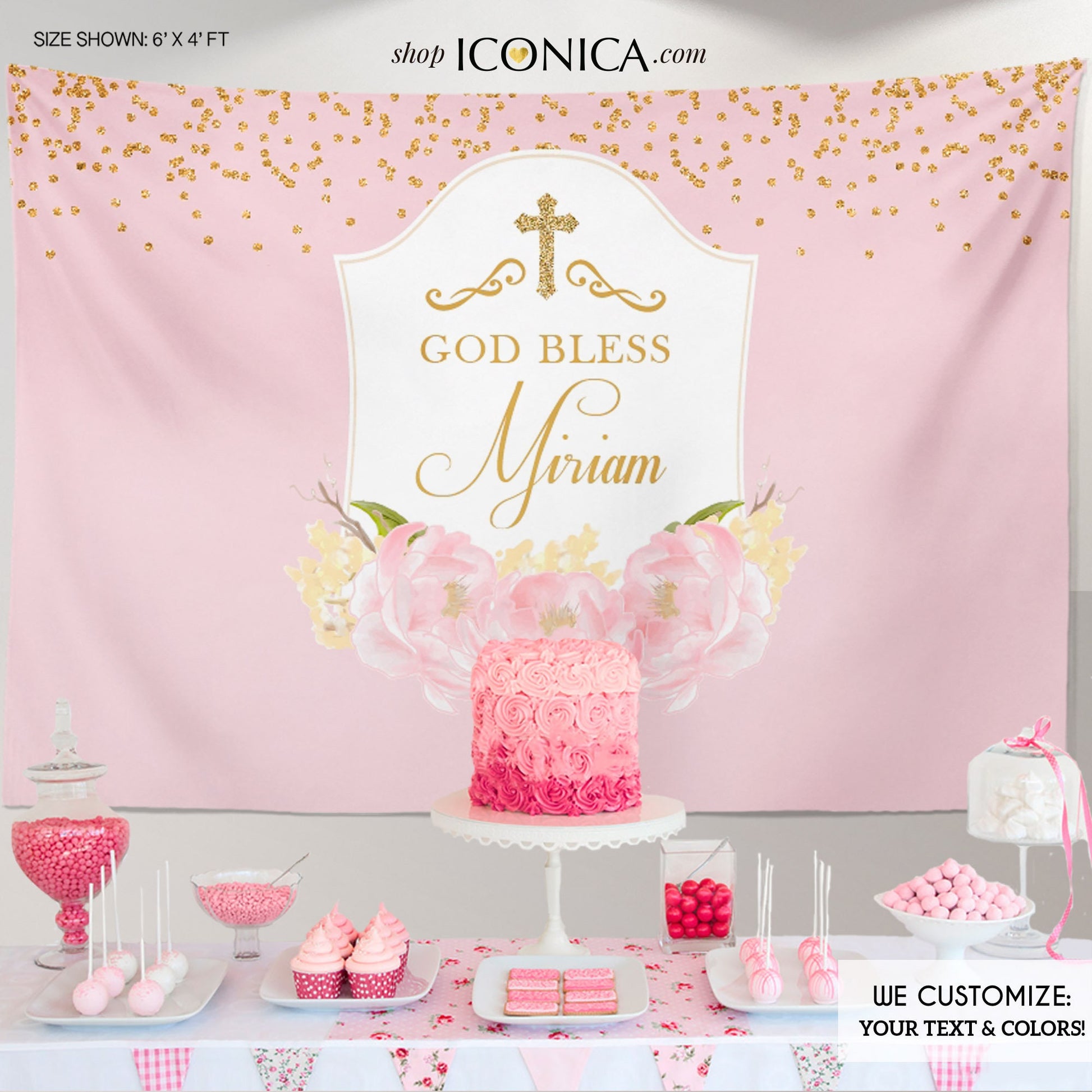 Pink Floral First Communion Backdrop, Personalized Christening Banner (Printed or Printable)