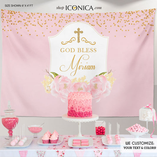 Pink Floral First Communion Backdrop, Personalized Christening Banner (Printed or Printable)