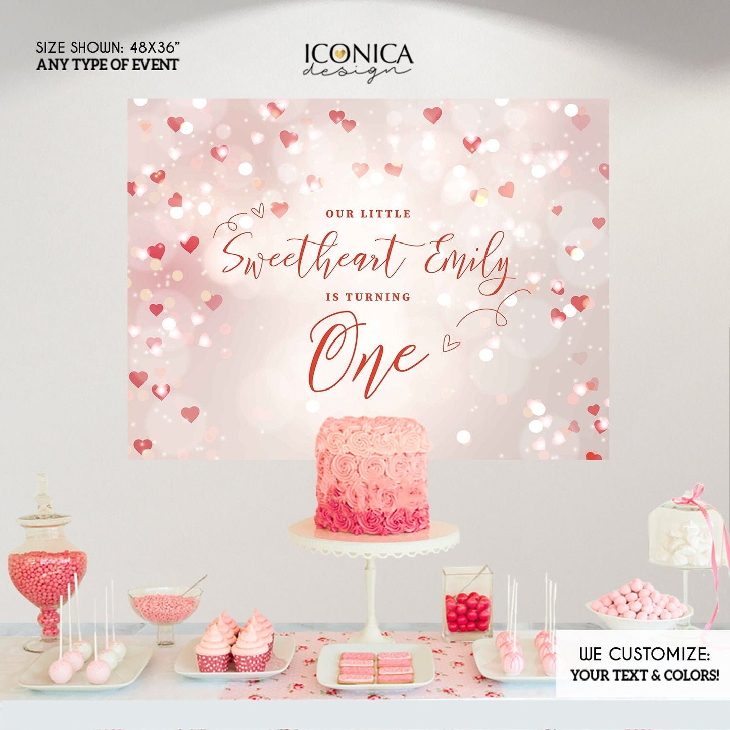 Sweetheart First Birthday Backdrop, Heart Bokeh Banner