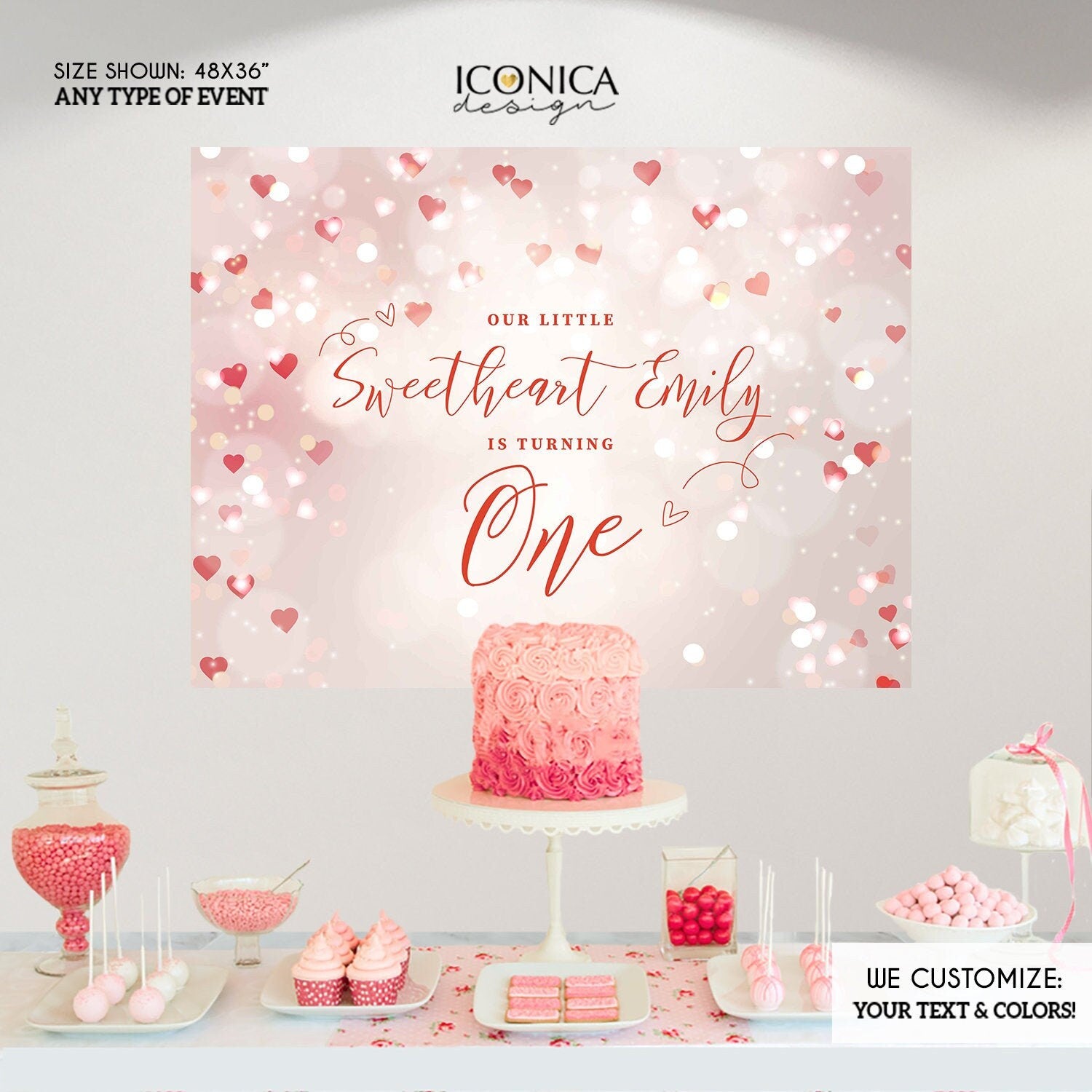 Sweetheart First Birthday Backdrop, Heart Bokeh Banner