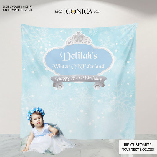 Winter ONEderland Backdrop, Ice Blue Snowflakes, 1st Birthday