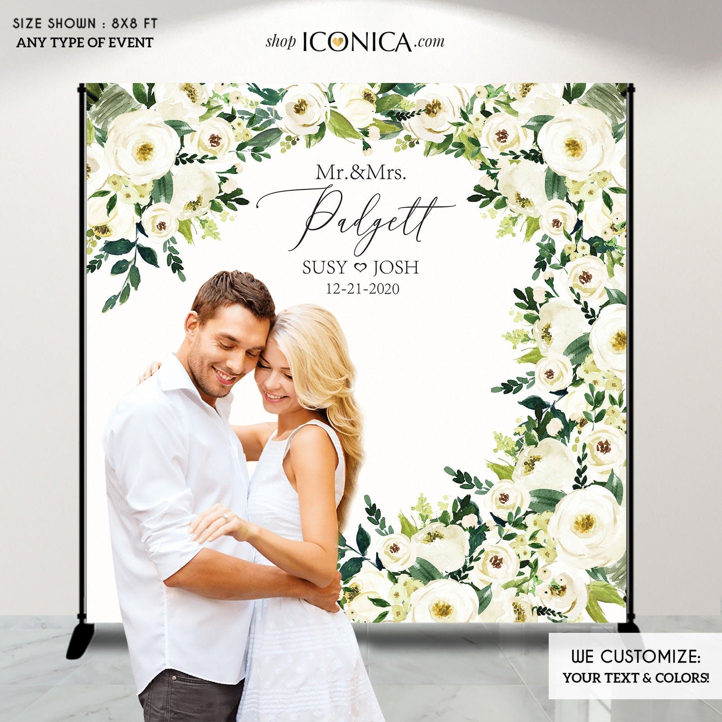 Personalized Floral Wedding Backdrop, White & Greenery Decor
