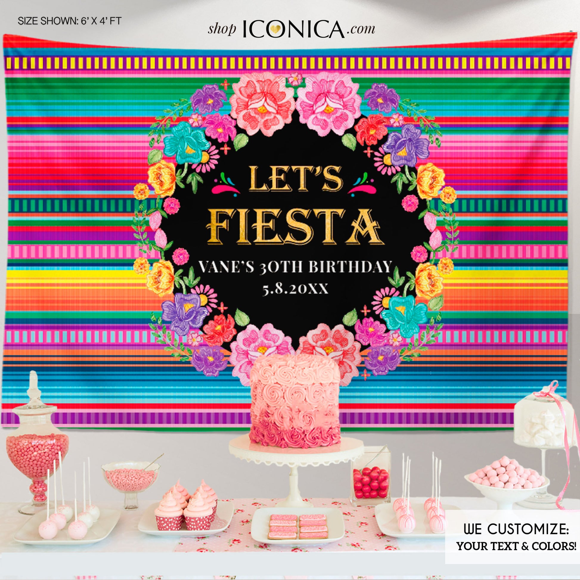 Fiesta Backdrop, Mexican Serape, Floral, Personalized (Printed or Printable File)