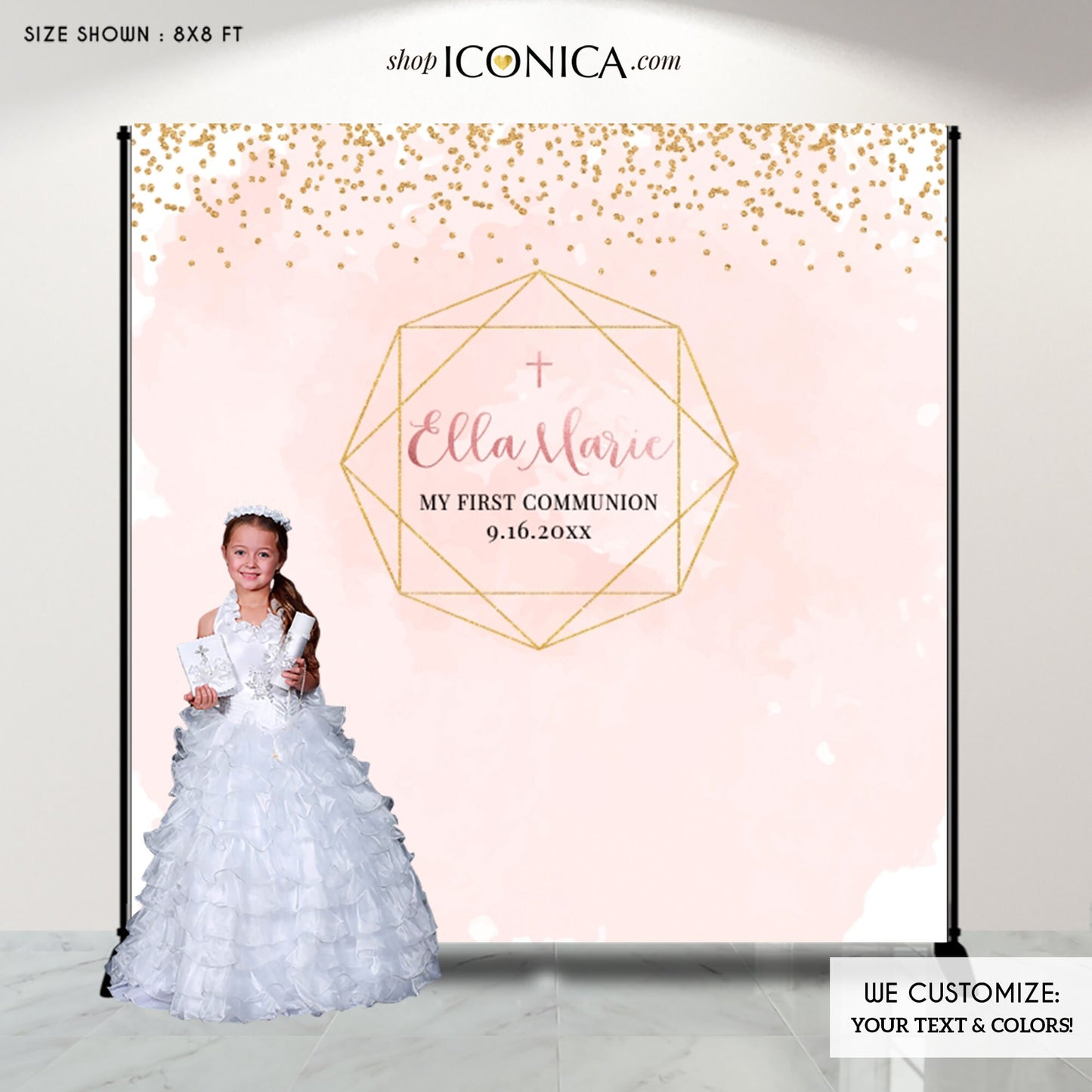 Personalized First Communion Backdrop, Geometric Watercolor Christening