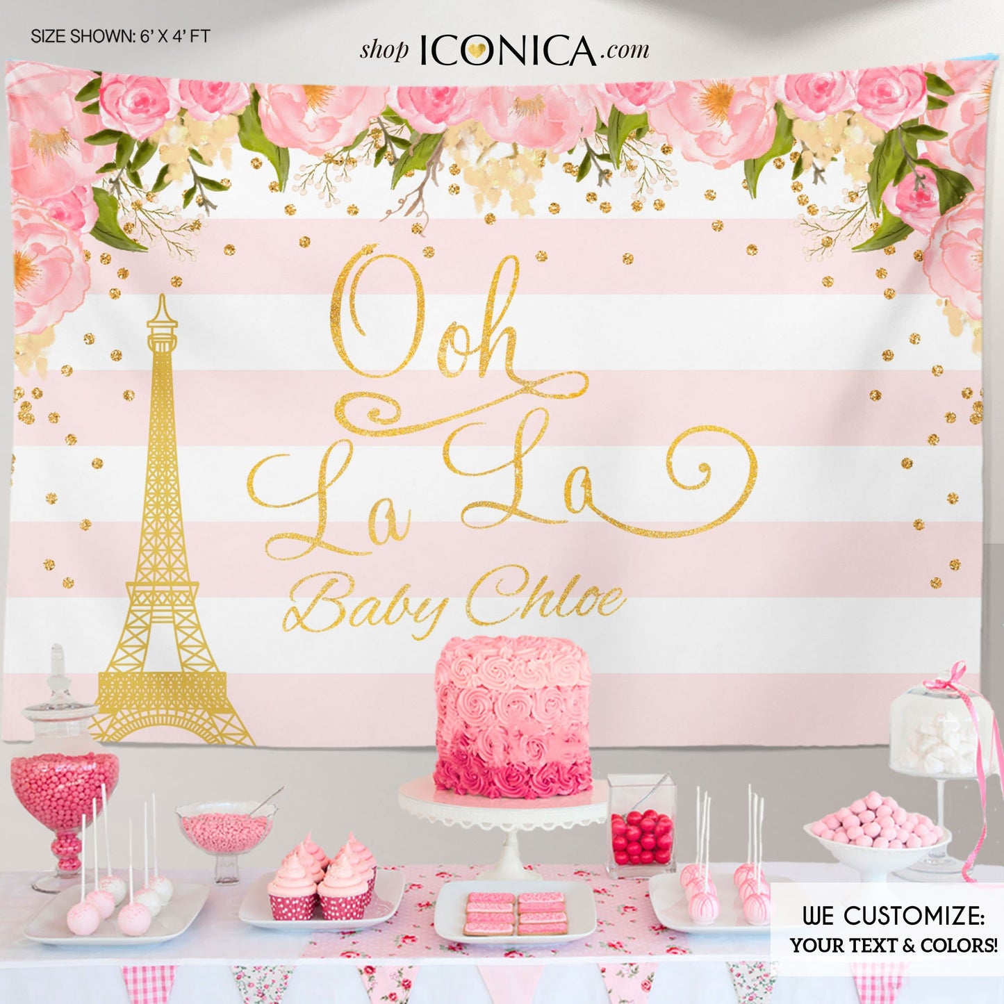 Paris Floral Baby Shower Backdrop, Oh La La, Gold & Pink