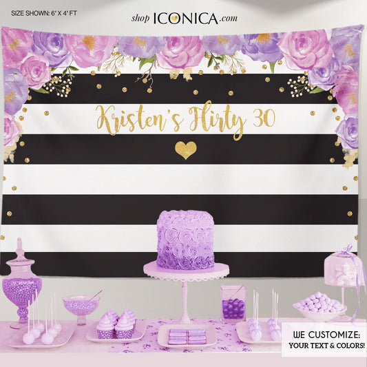 Floral 30th Birthday Backdrop, Black and White Stripes (Printed or Printable File)
