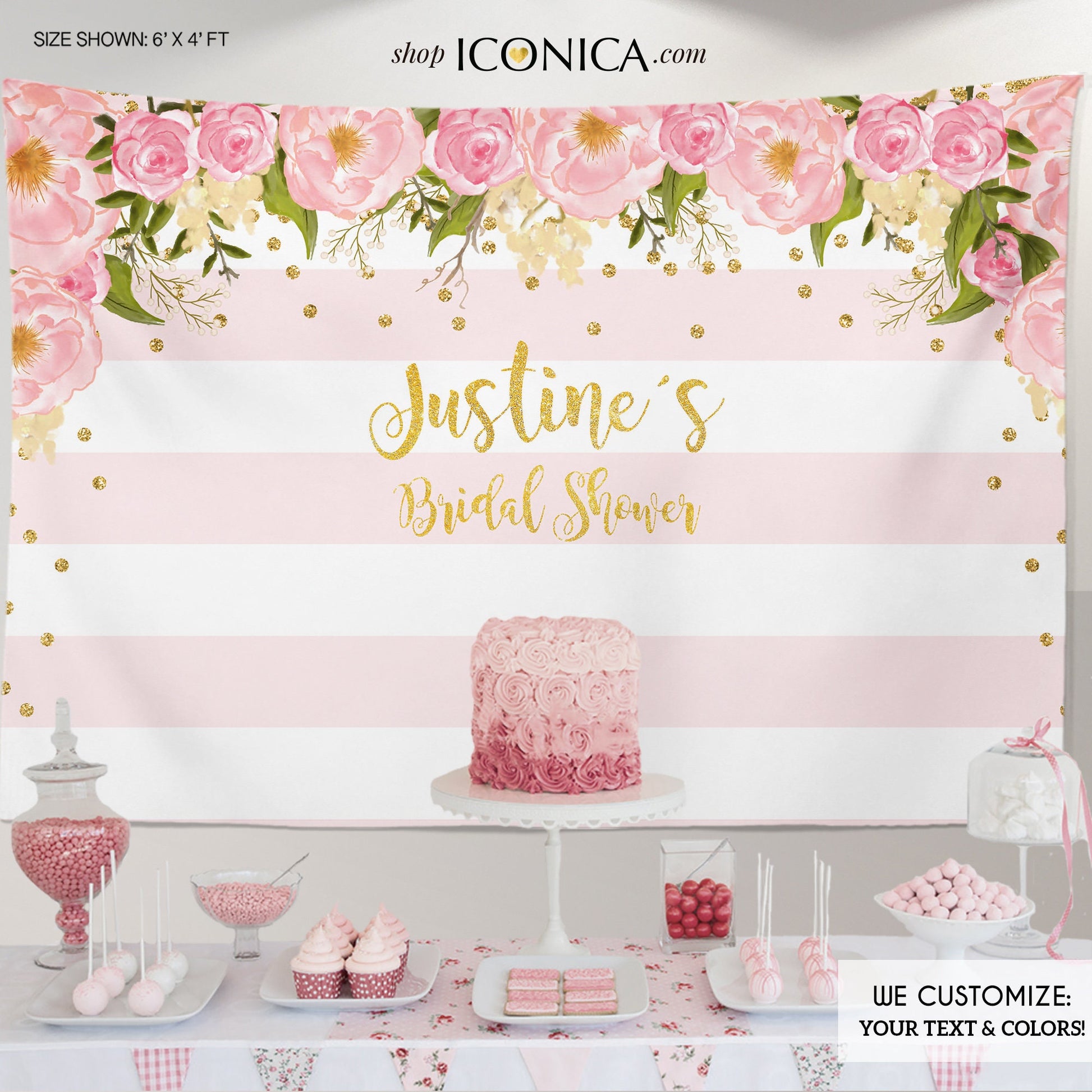 Floral Bridal Shower Backdrop, Gold Glitter, Pink Flowers (Printed or Printable File)
