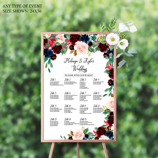 Navy Burgundy Floral Wedding Seating Chart, Printed Guest List