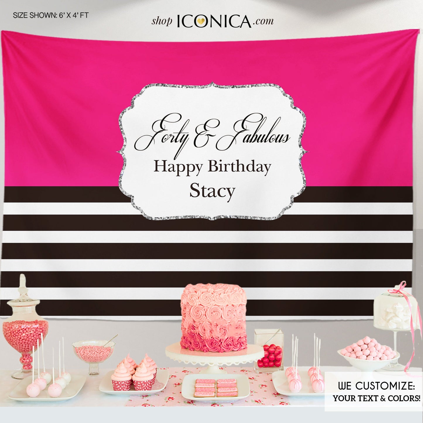 50th Birthday Backdrop, Black and White Stripes, Personalized (Printed or Printable File)
