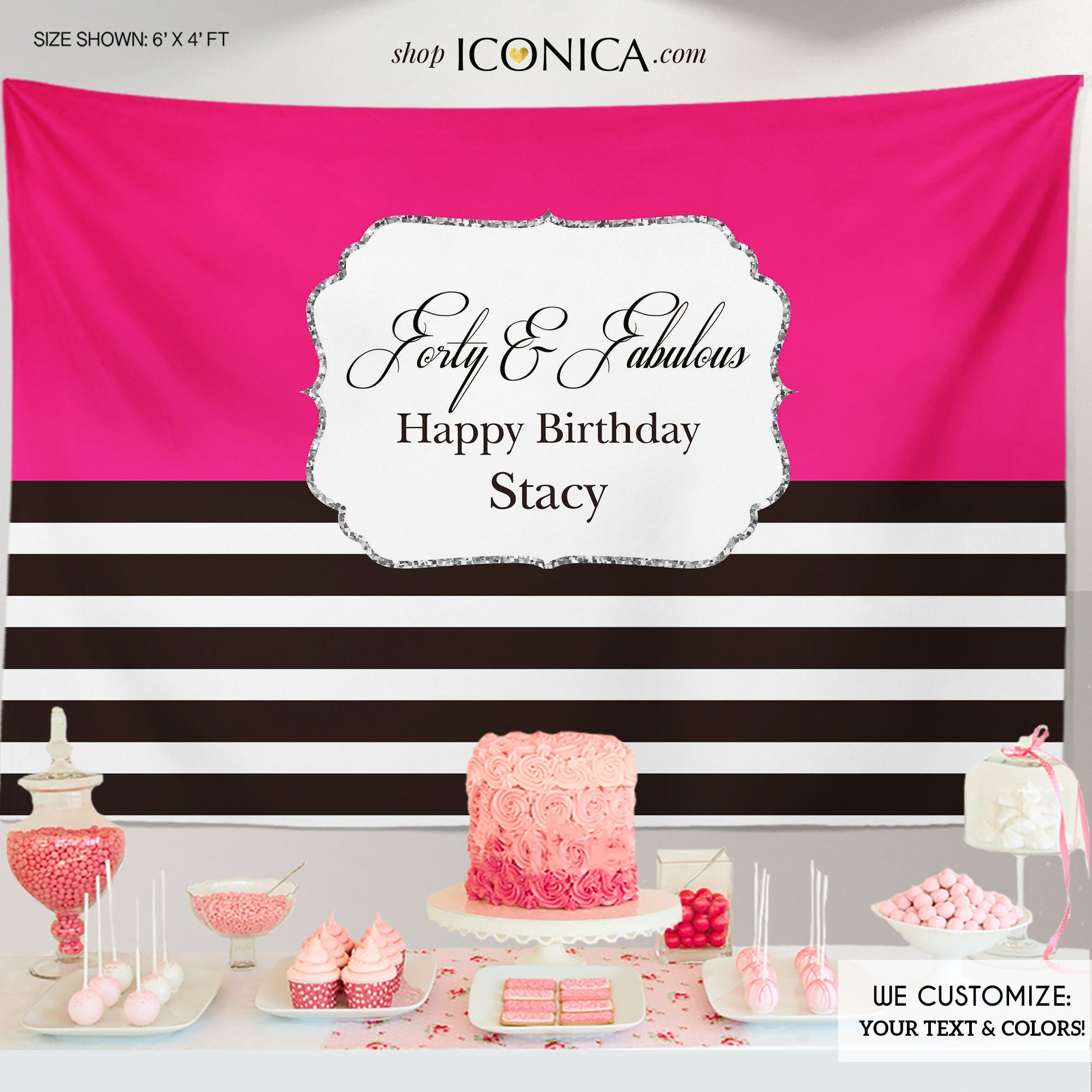 50th Birthday Backdrop, Black and White Stripes, Personalized (Printed or Printable File)