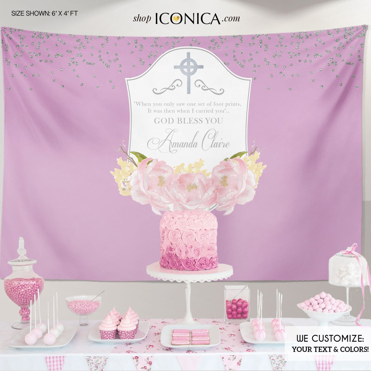 Purple Floral Baptism Backdrop, Pink Peonies Banner (Printed or Printable)