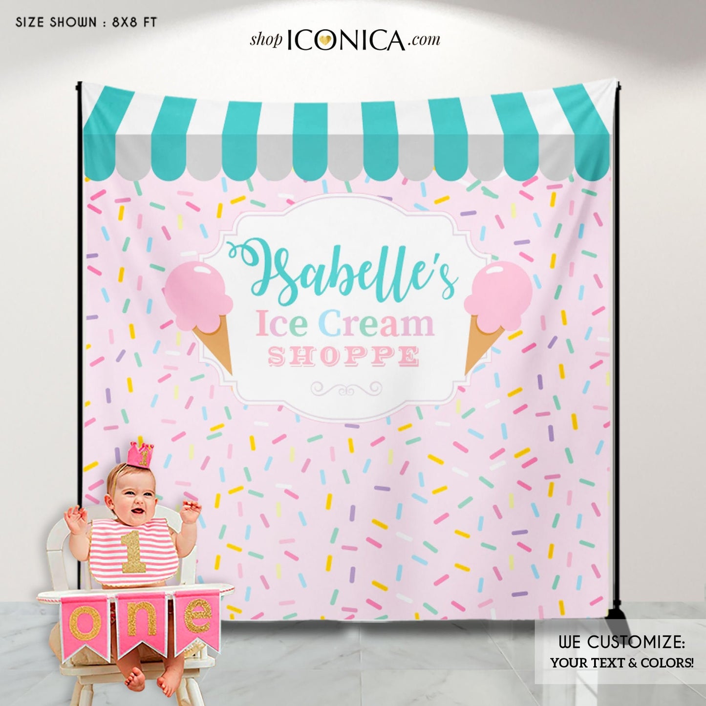 Ice Cream First Birthday Backdrop, Sprinkles Party Decor (Printed or Printable File)