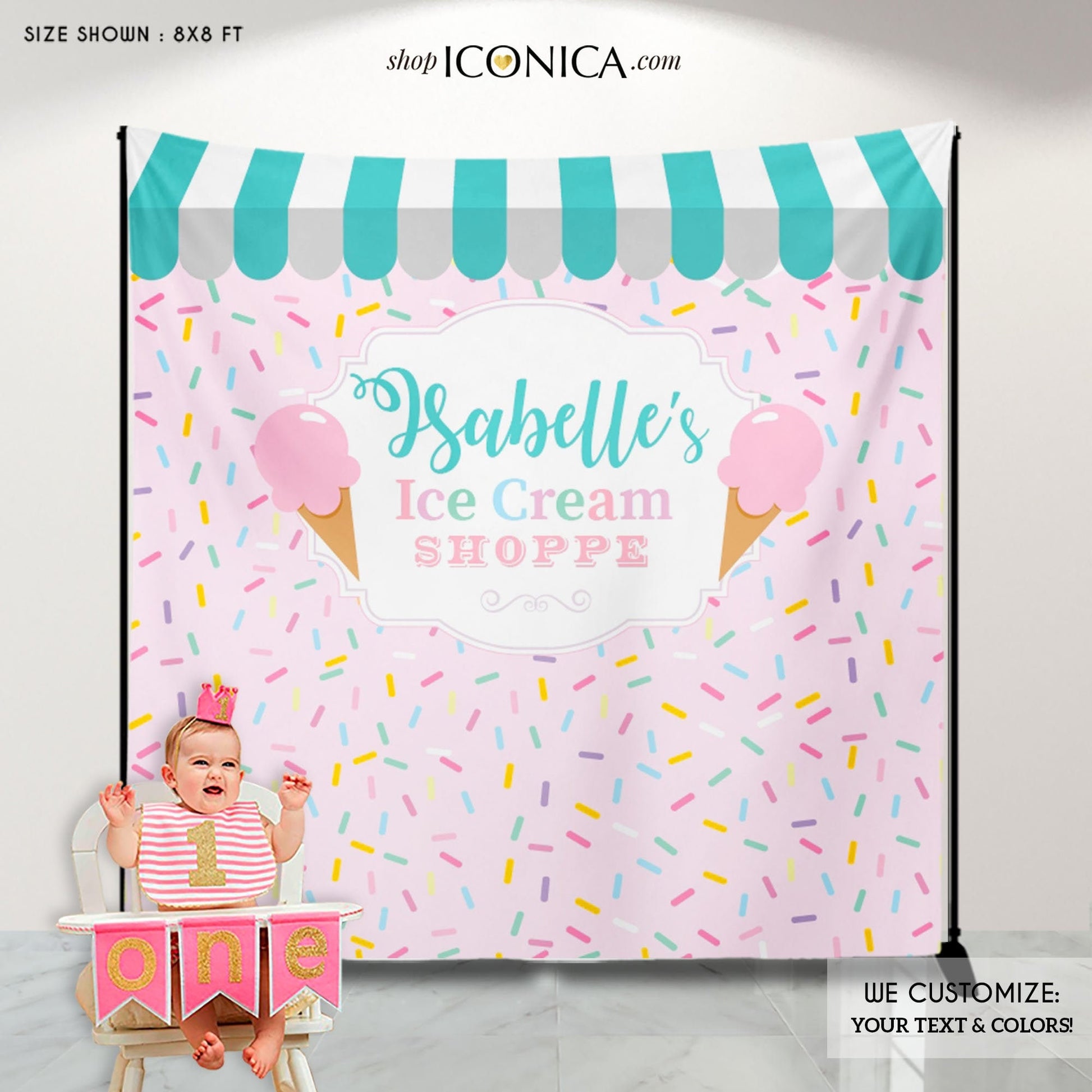 Ice Cream First Birthday Backdrop, Sprinkles Party Decor (Printed or Printable File)