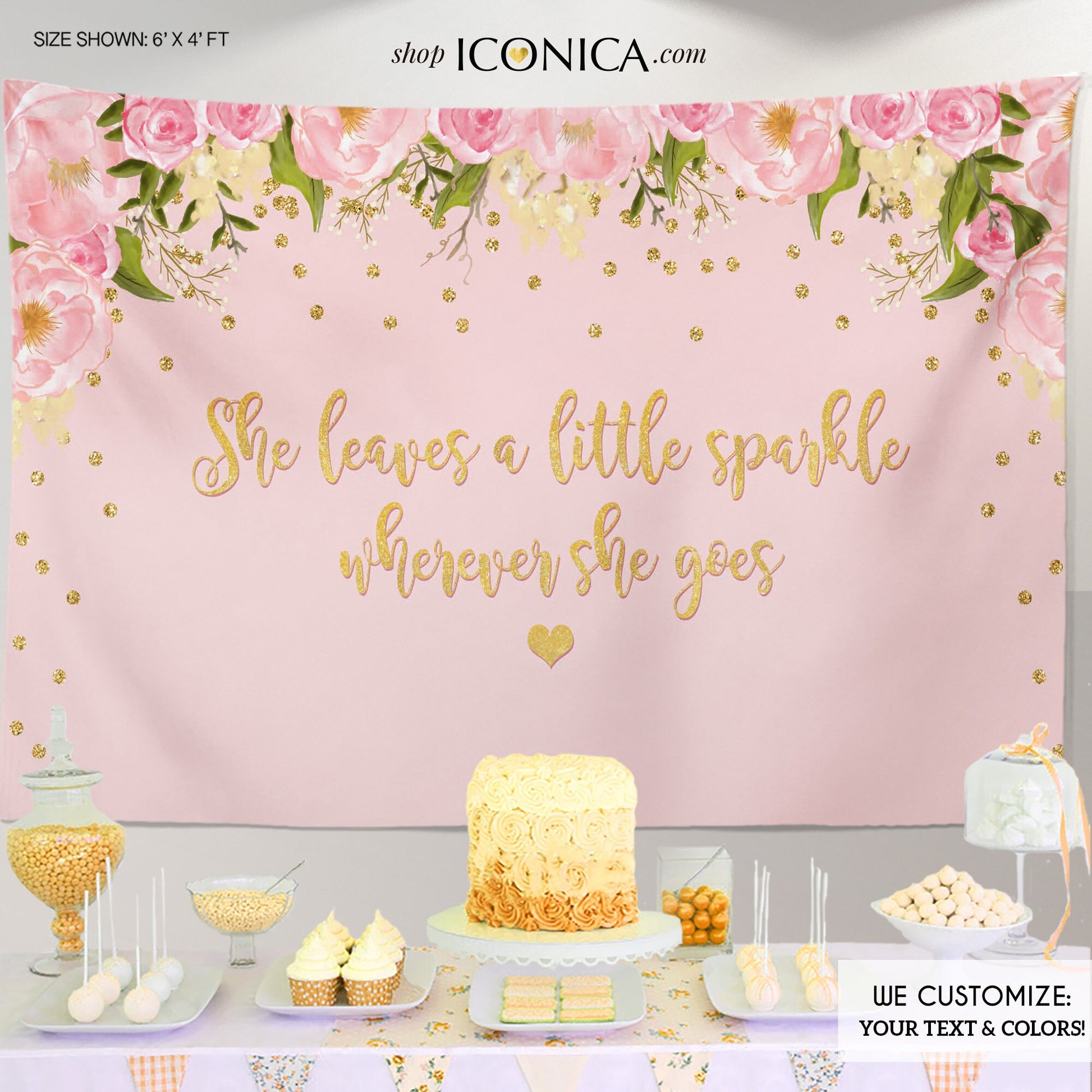 Floral Birthday Backdrop, Sparkle Party Decor (Printed or Printable File)