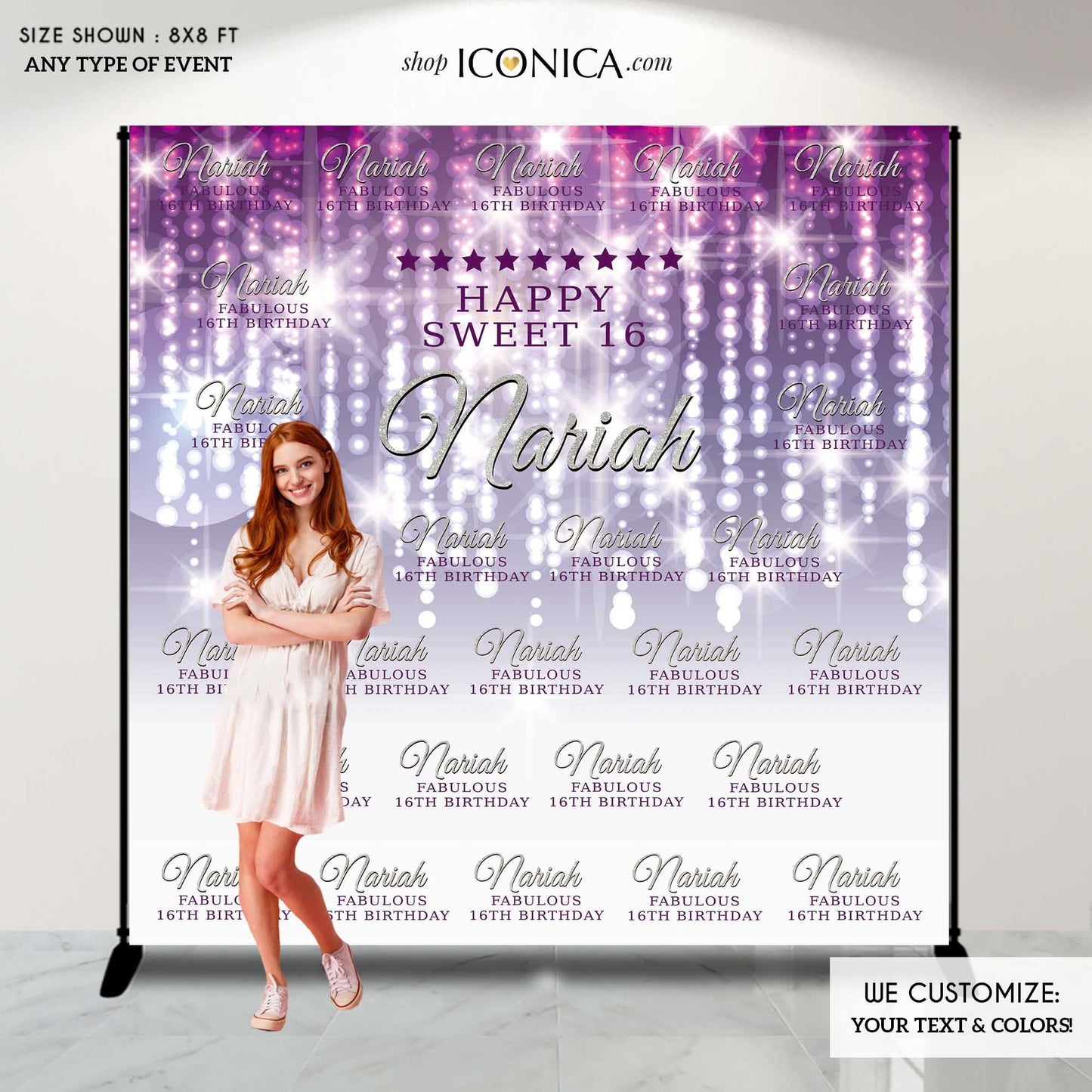 Personalized Sweet 16 Backdrop, Purple Bokeh, Step and Repeat (Printed or Printable File)