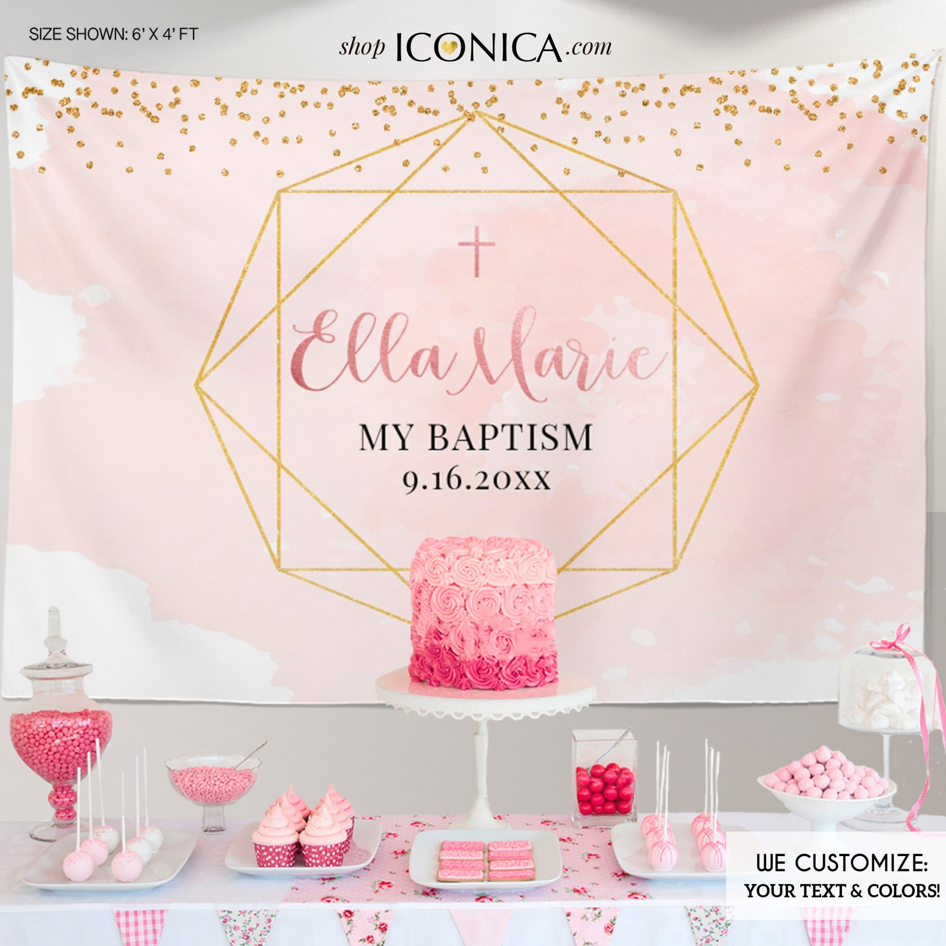 Personalized First Communion Backdrop, Geometric Watercolor Christening