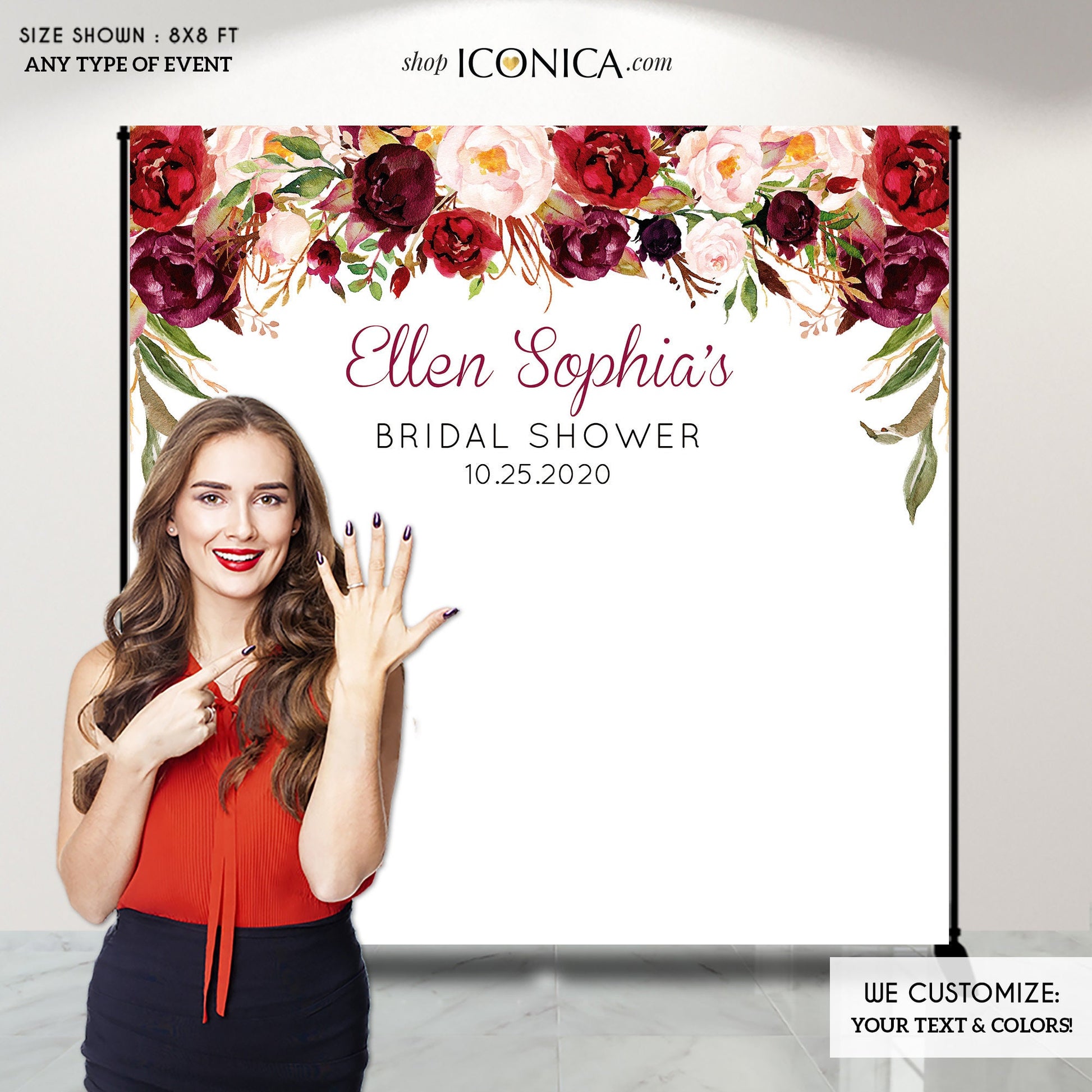 Red Floral Bridal Shower Backdrop - Personalized Wedding Decor