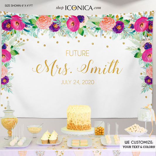 Floral Bridal Shower Backdrop, Pink Purple Flowers (Printed or Printable File)