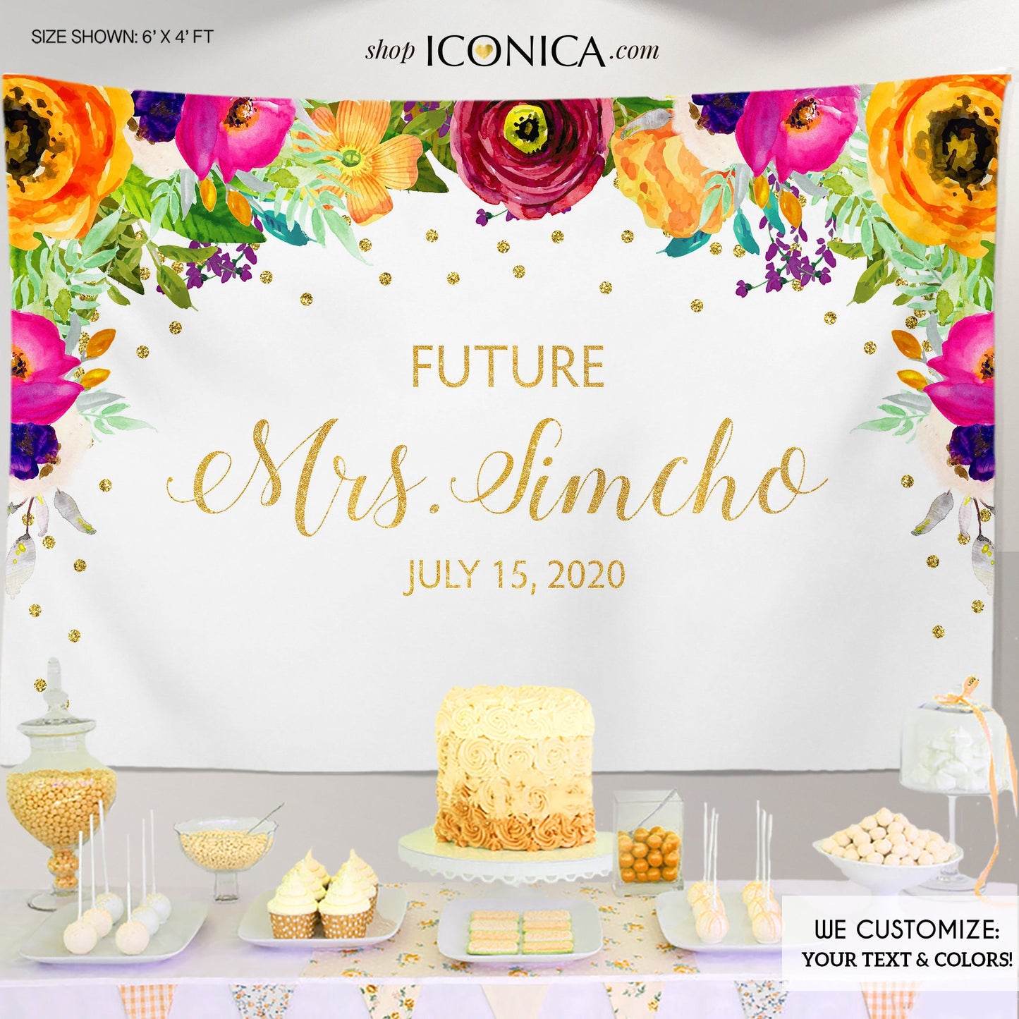 Bridal Shower Backdrop, Garden Party,Bright Floral Dessert Table Banner,Watercolor Flowers, BBR0008