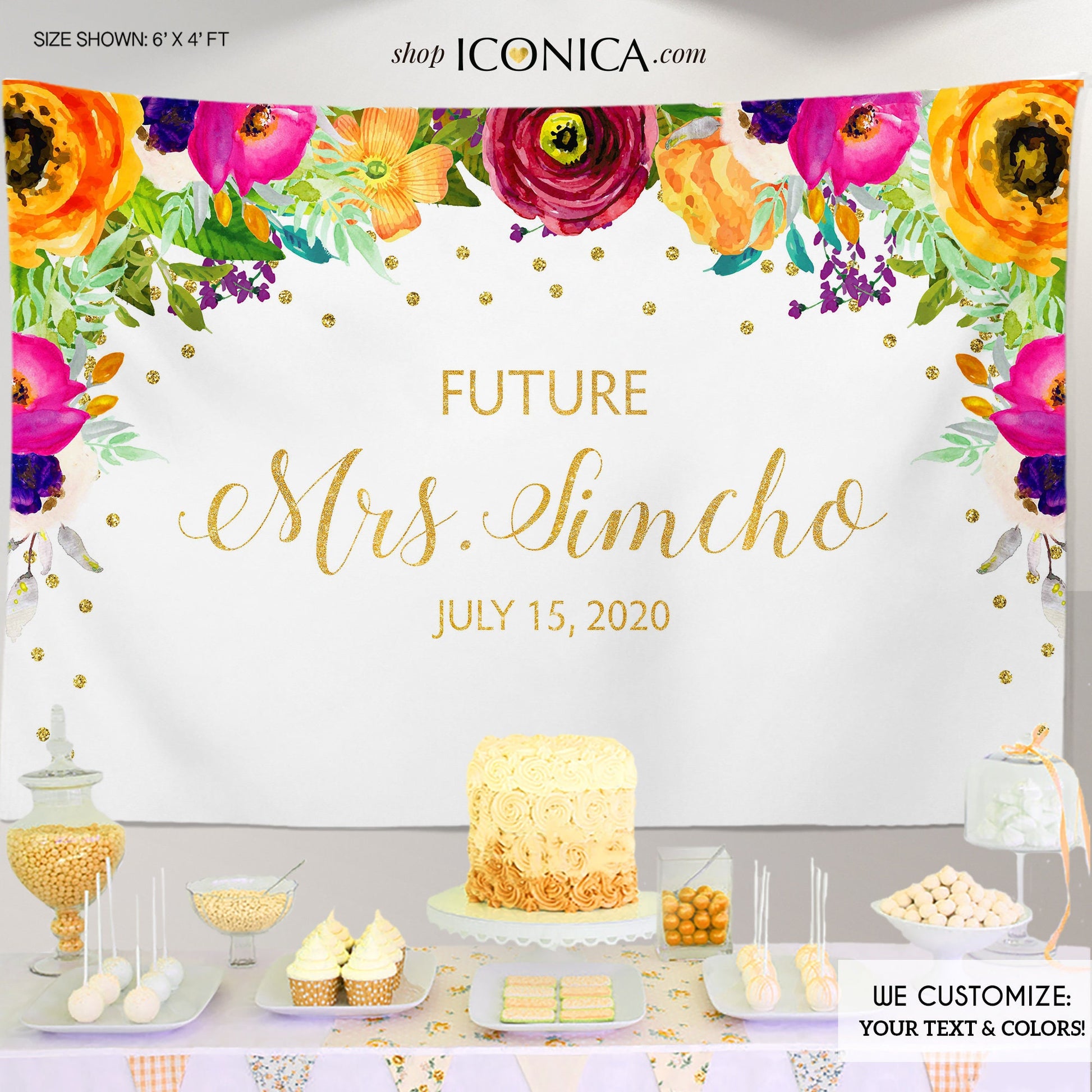Bridal Shower Backdrop, Garden Party,Bright Floral Dessert Table Banner,Watercolor Flowers, BBR0008