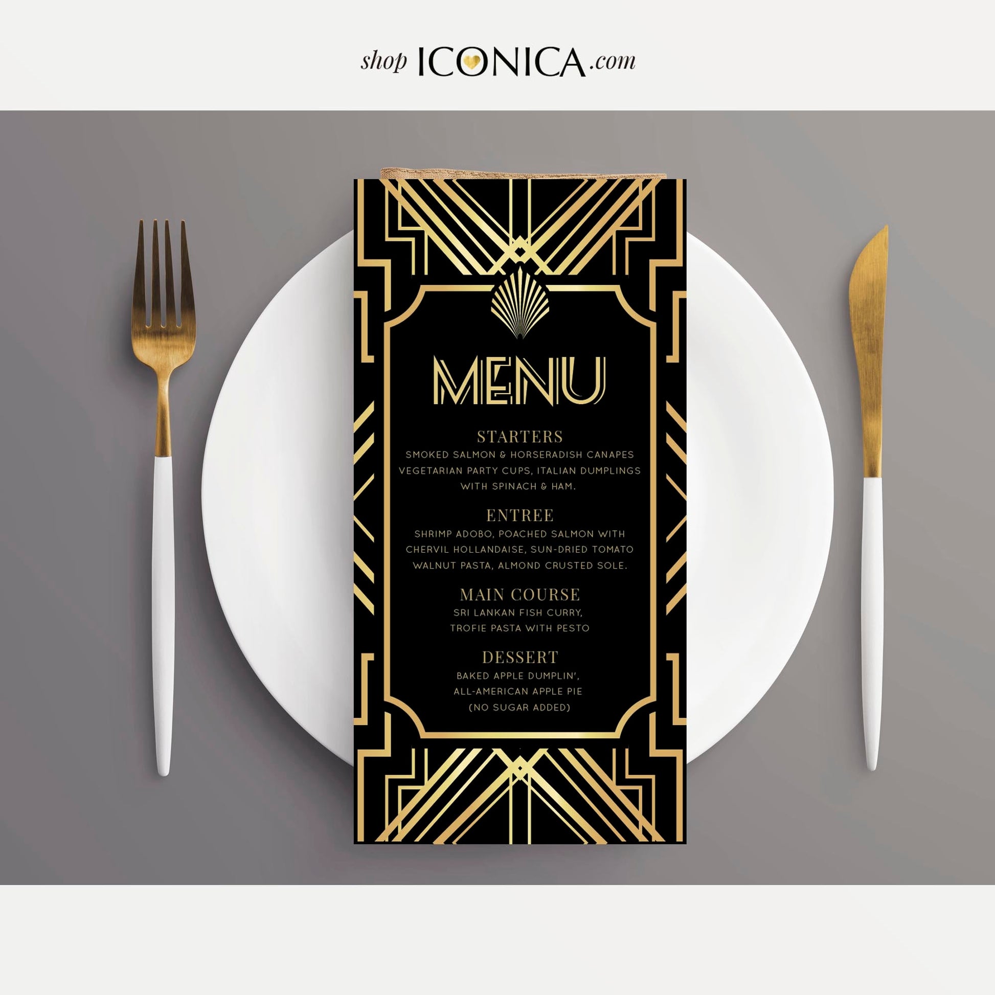 Art Deco Menu, Roaring 20s, Black and Gold (Printed Menu Cards)