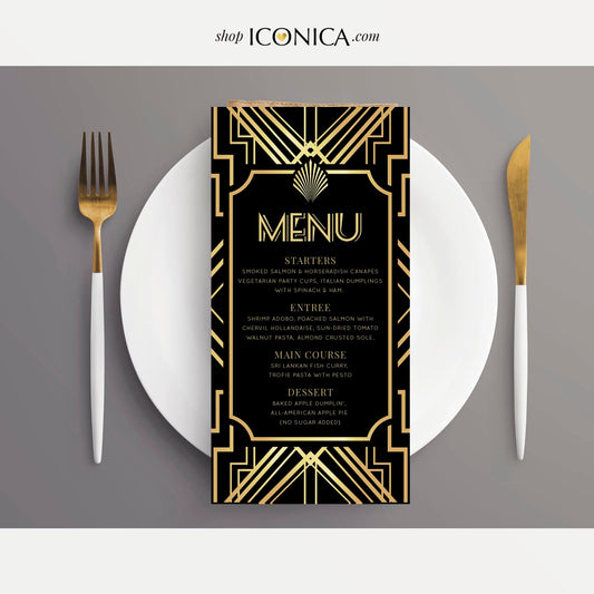 Art Deco Menu, Roaring 20s, Black and Gold (Printed Menu Cards)