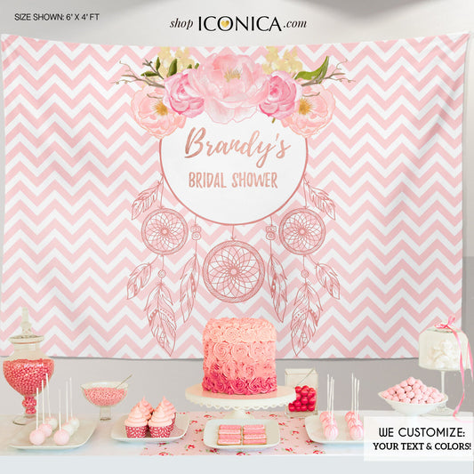 Floral Tribal Bridal Shower Backdrop, Pink Chevron Dessert Table Banner, Boho chic Banner, Dreamcatcher Printed Or Printable File BBR0019