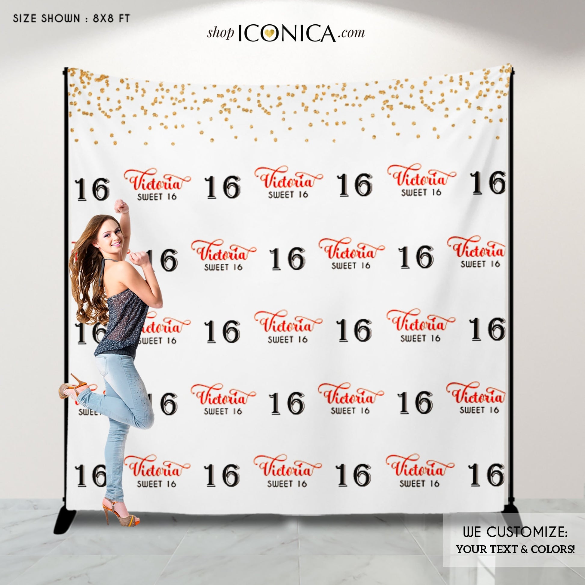Personalized Sweet Sixteen Backdrop, Photo Booth, Custom Colors