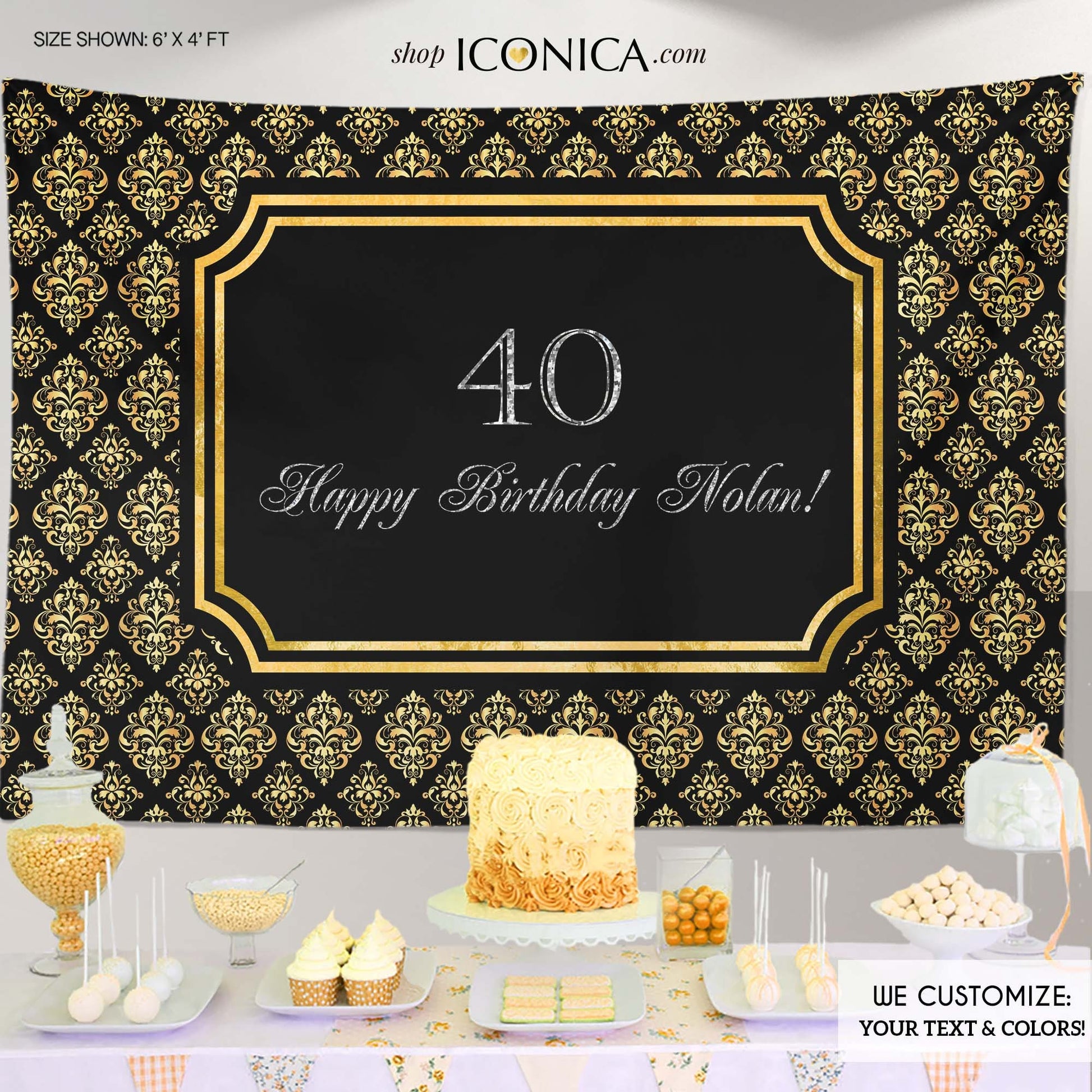 Black & Gold Damask 40th Birthday Backdrop – Elegant Party Banner