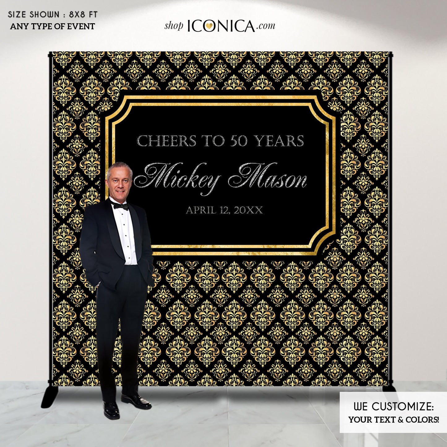 50th Birthday Backdrop – Black and Gold Damask, Elegant Party Banner