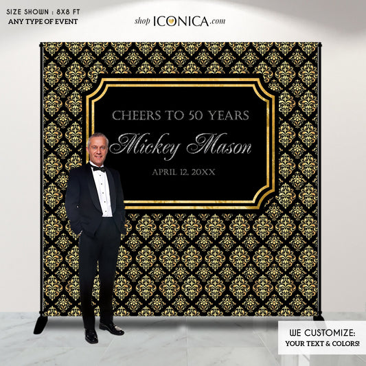 50th Birthday Backdrop – Black and Gold Damask, Elegant Party Banner