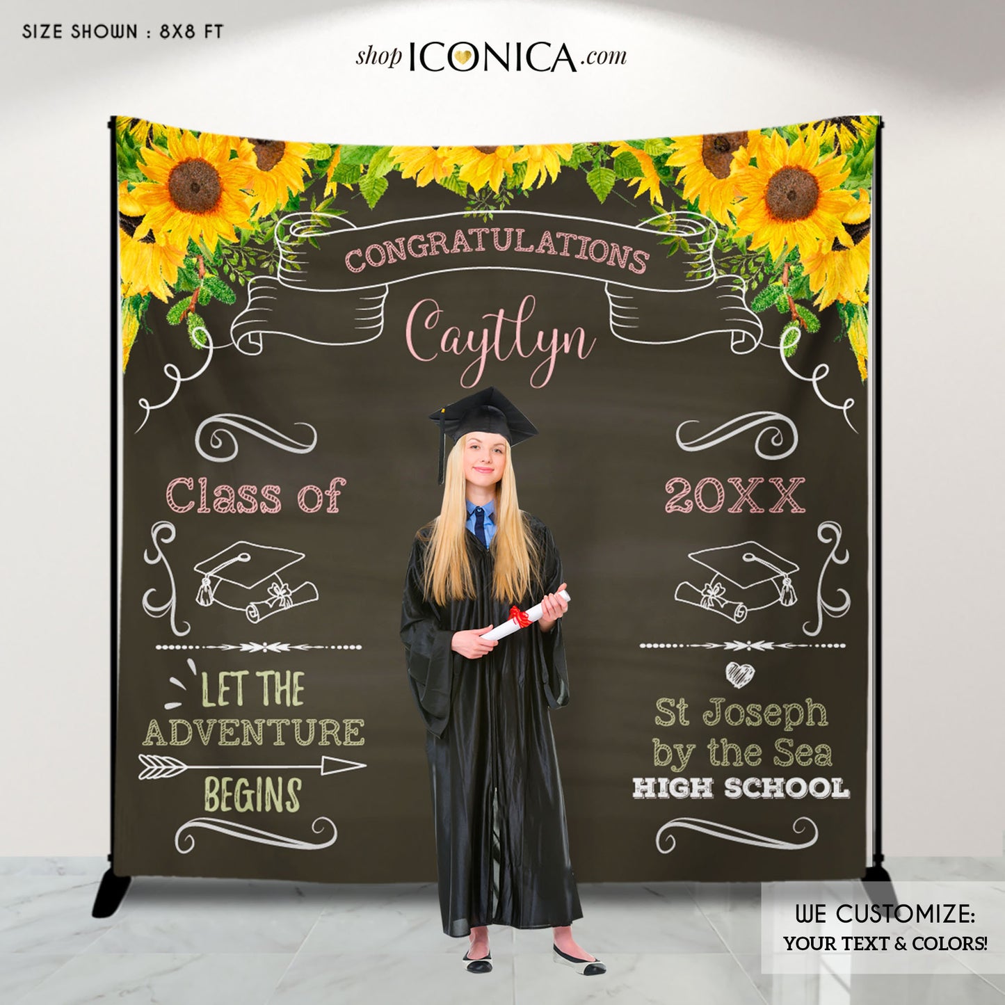 Floral Sunflower Graduation Backdrop, Personalized Congrats Grad Banner (Printed or File)