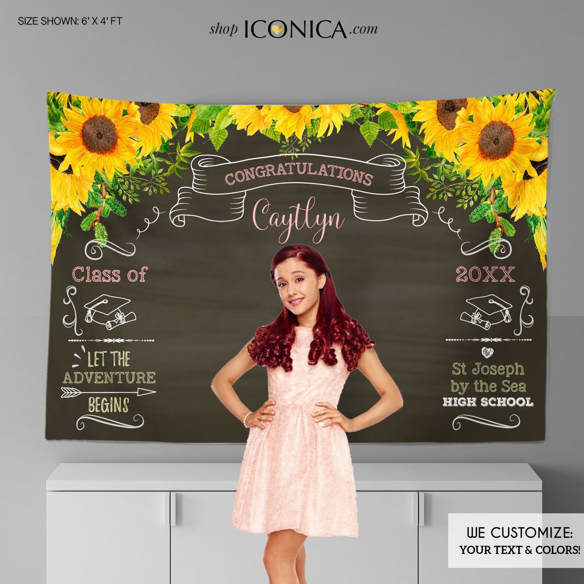 Floral Sunflower Graduation Backdrop, Personalized Congrats Grad Banner (Printed or File)