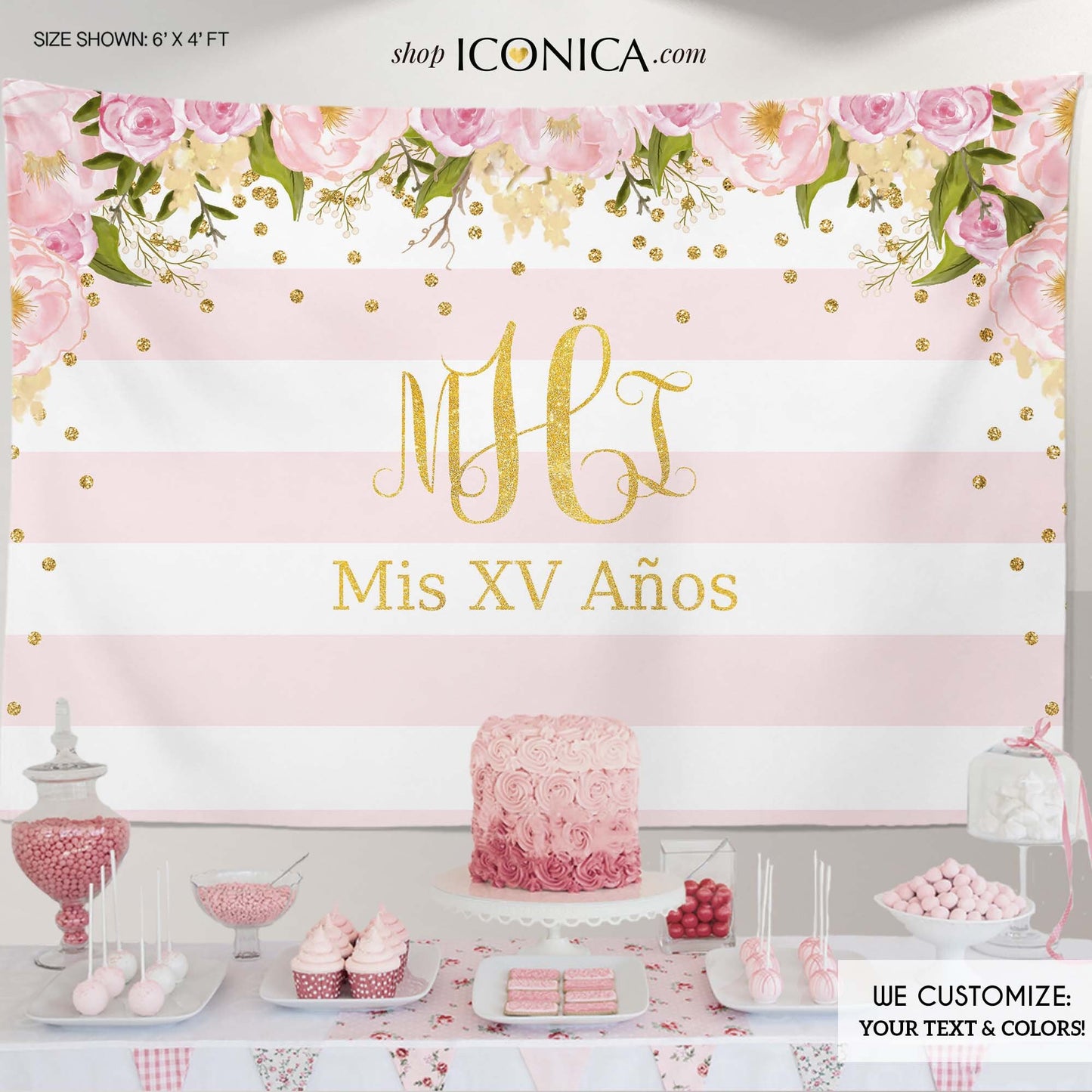Floral Quinceañera Backdrop, Faux Gold Monogram, Pink Stripes