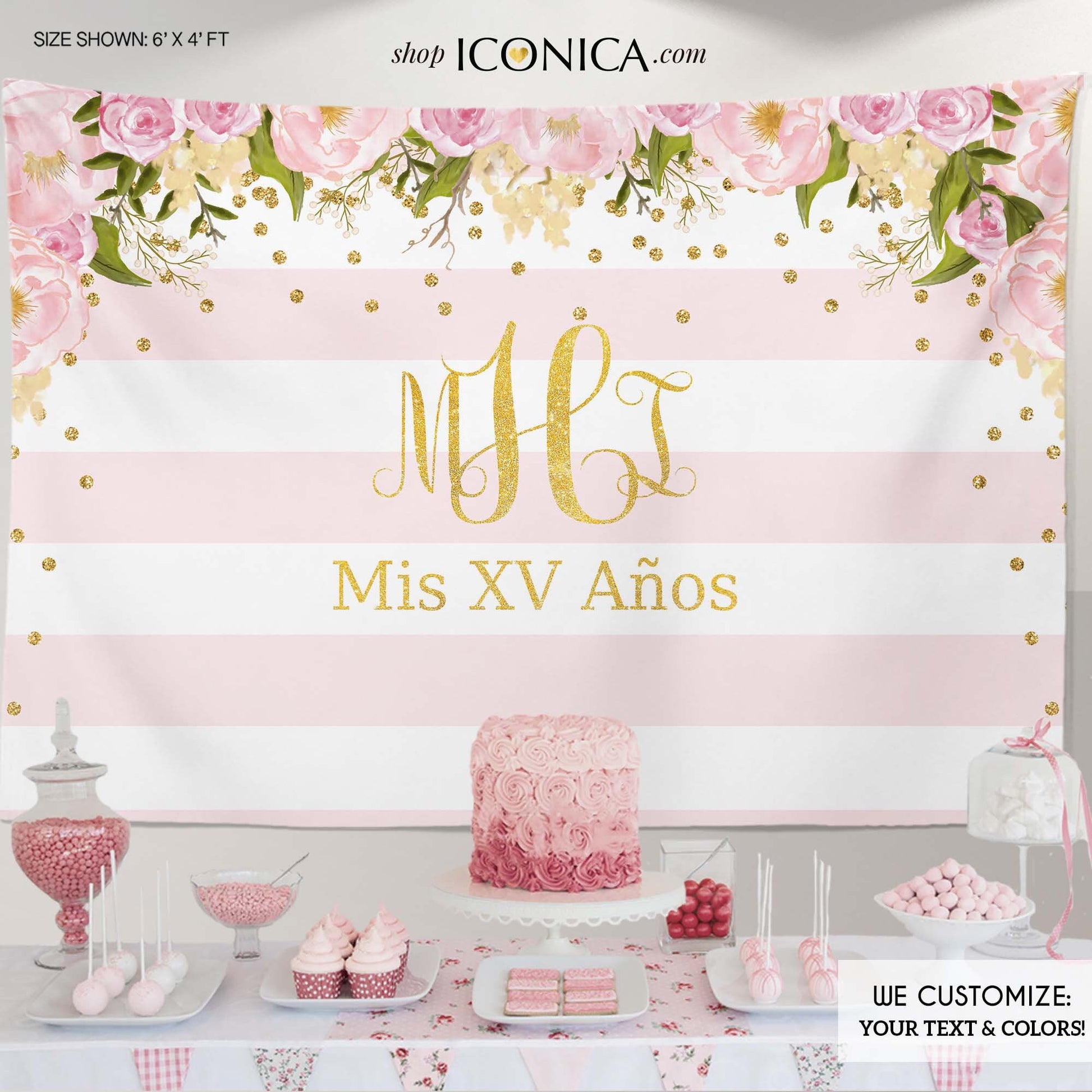 Floral Quinceañera Backdrop, Faux Gold Monogram, Pink Stripes