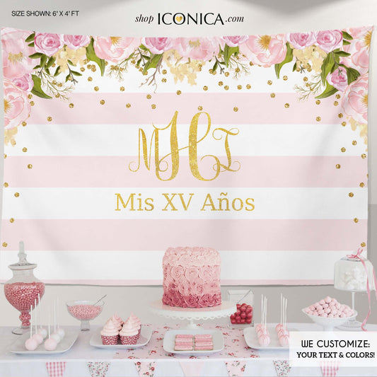 Floral Quinceañera Backdrop, Faux Gold Monogram, Pink Stripes