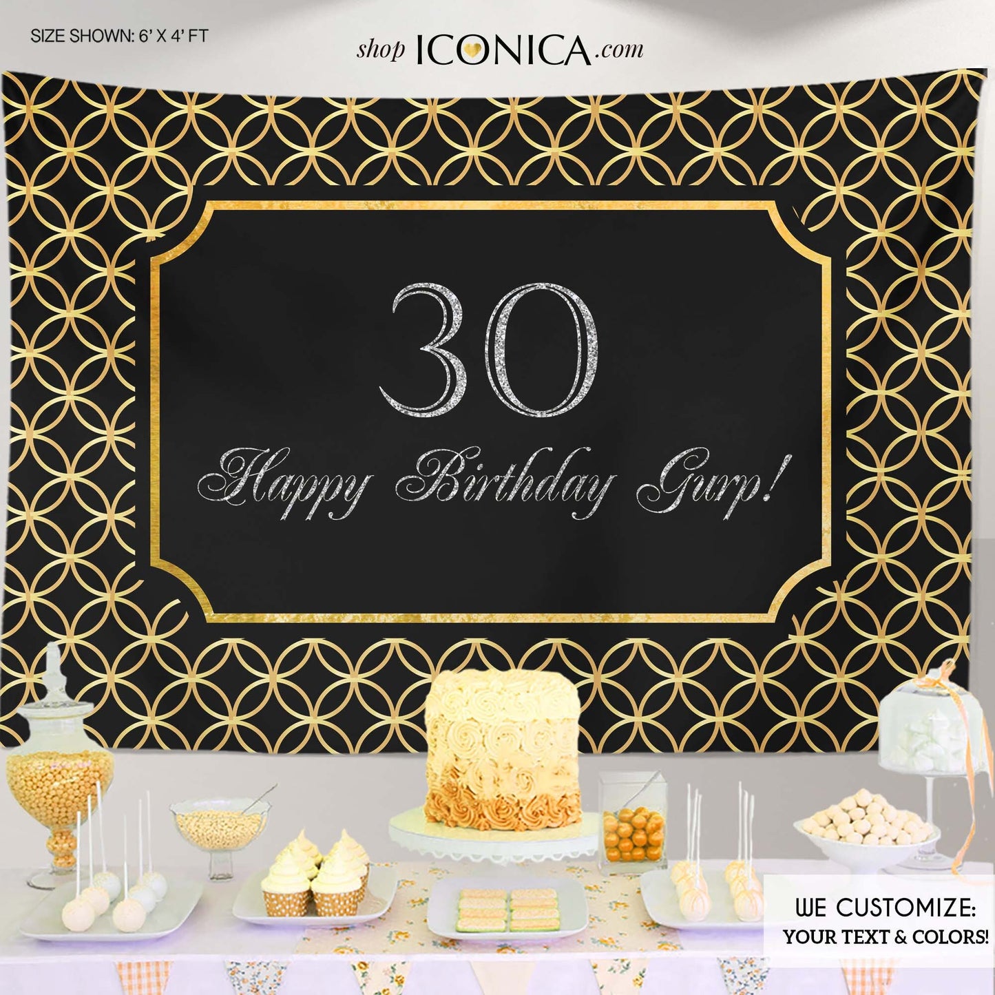 30th Birthday Backdrop, Black and Gold Geometric Banner (Printed or Printable File)