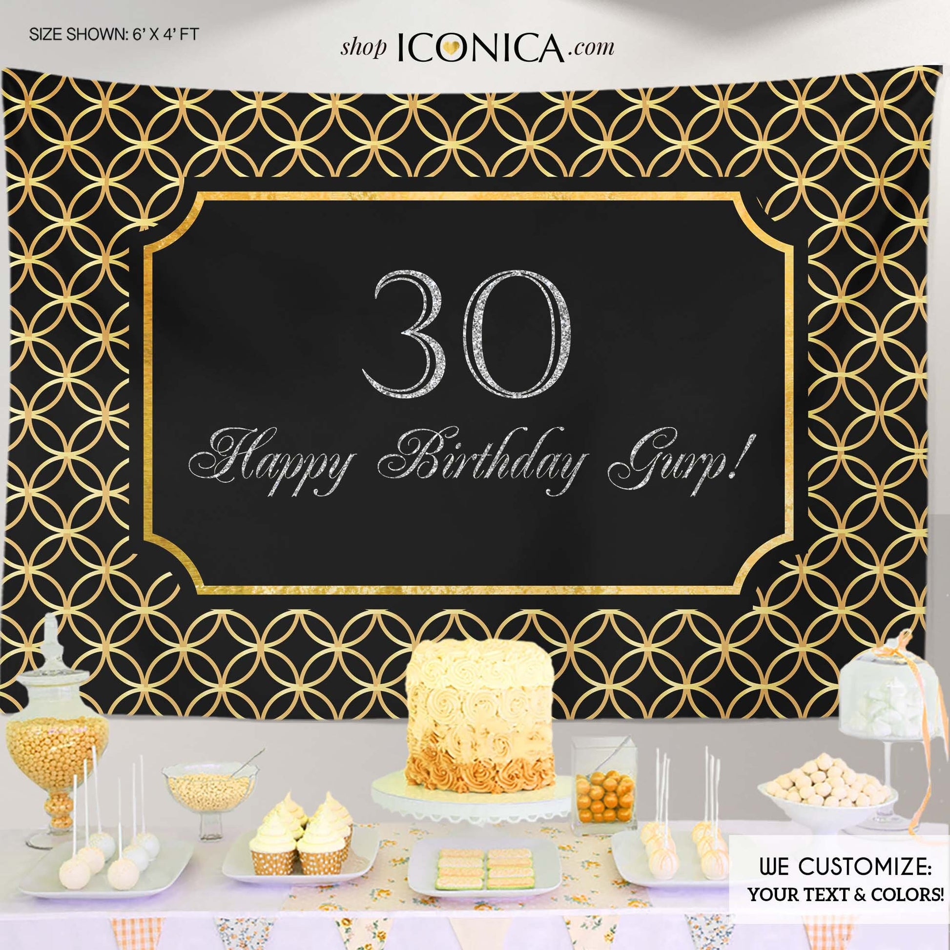 30th Birthday Backdrop, Black and Gold Geometric Banner (Printed or Printable File)