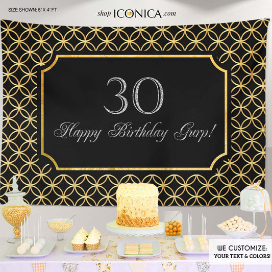 30th Birthday Backdrop, Black and Gold Geometric Banner (Printed or Printable File)