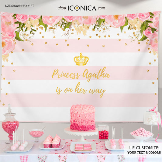 Floral Princess Baby Shower Backdrop, Gold and Pink (Printed or Printable)