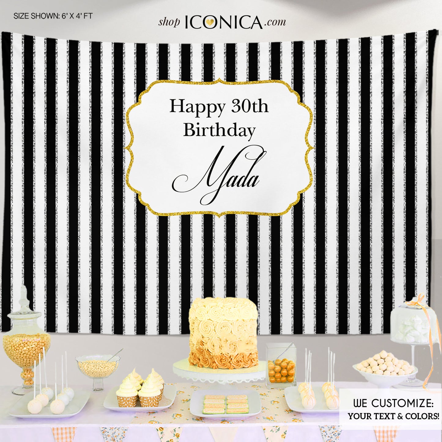 Personalized 30th Birthday Backdrop, Black and White Stripes (Printed or Printable File)
