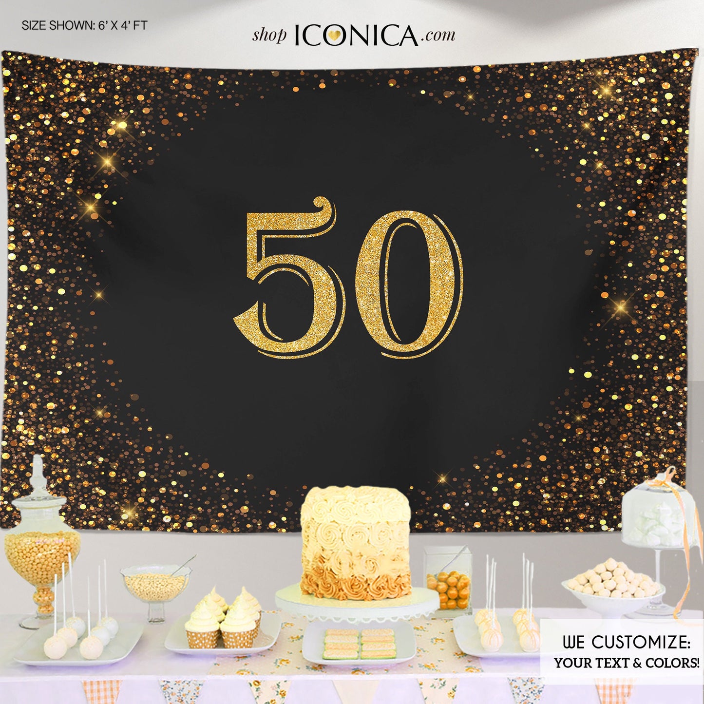 50th Birthday Backdrop, Gold Glitter, Black Decor (Printed or Printable File)