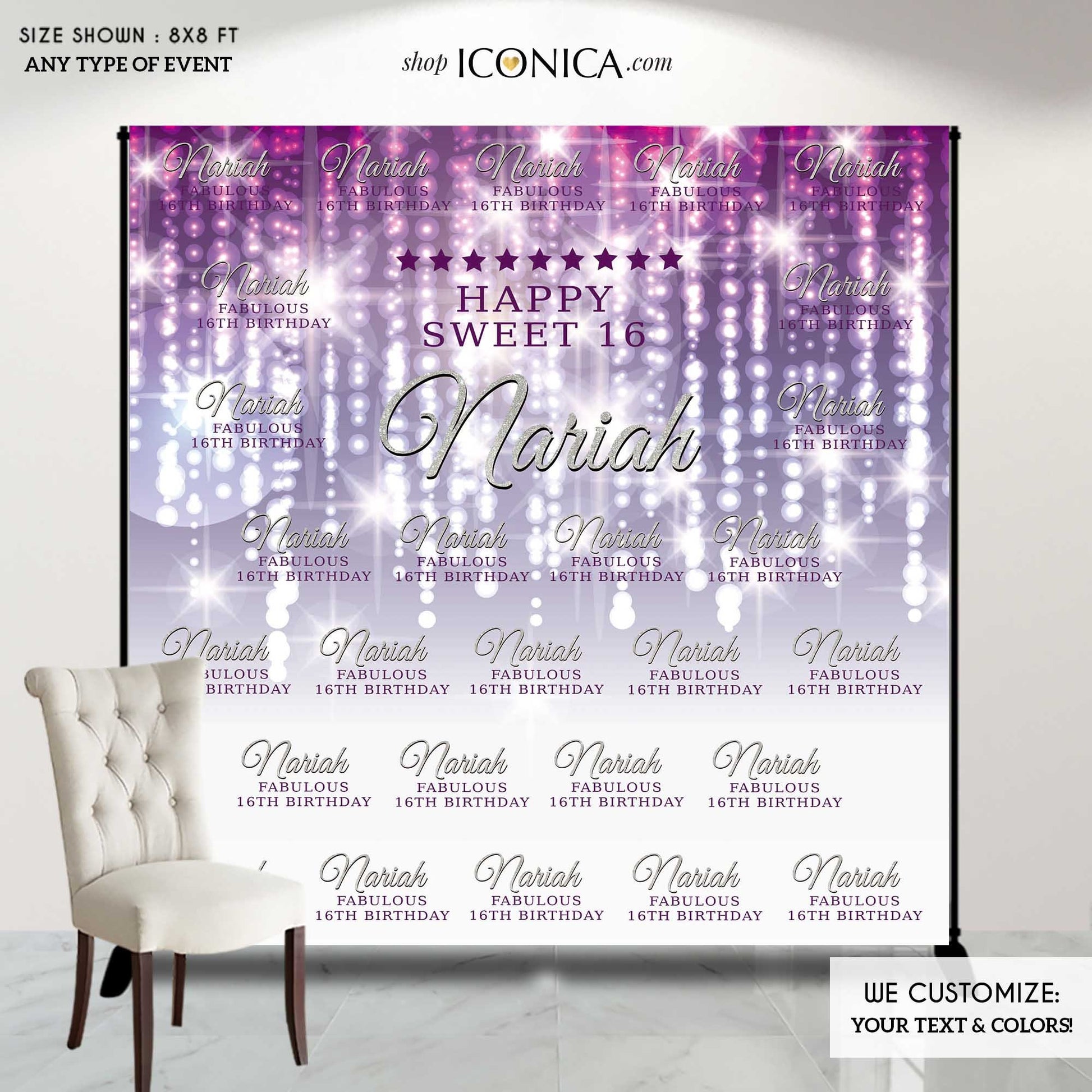 Personalized Sweet 16 Backdrop, Purple Bokeh, Step and Repeat (Printed or Printable File)