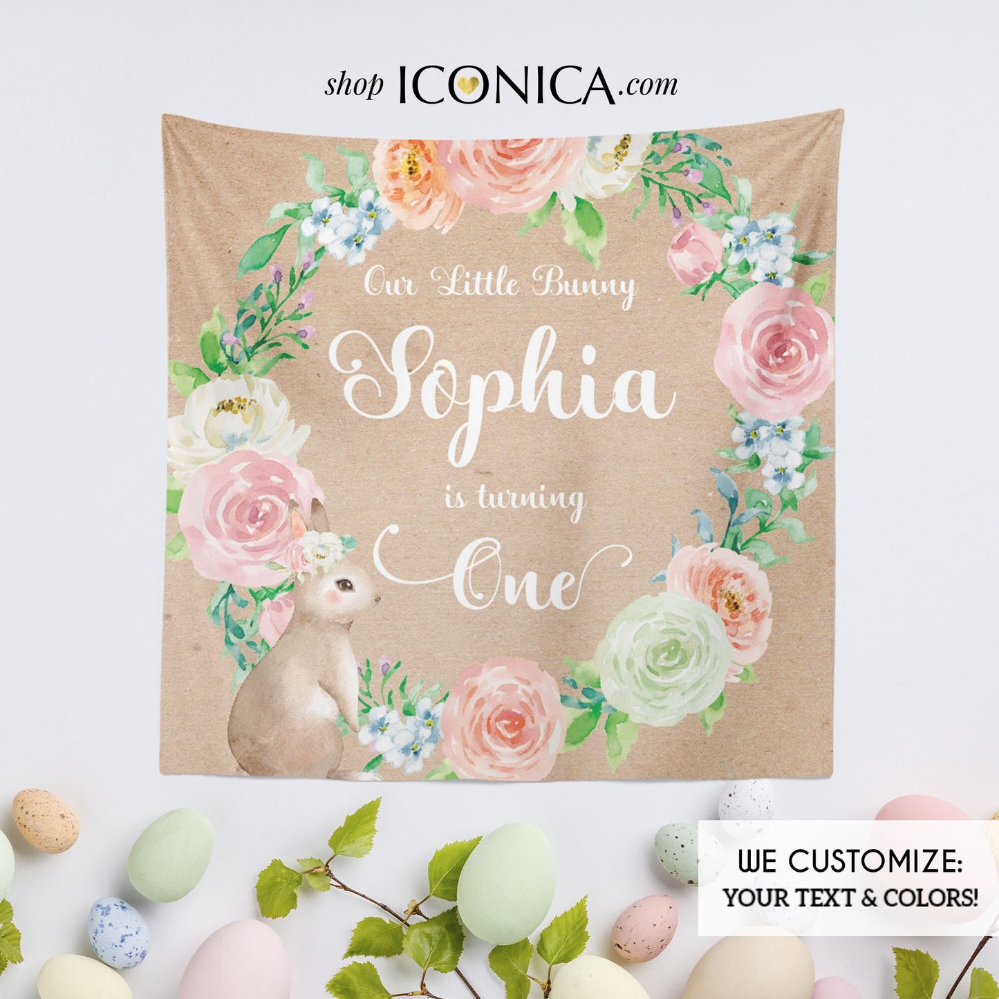 Personalized Easter Bunny Fabric Backdrop, Floral Wreath Decor