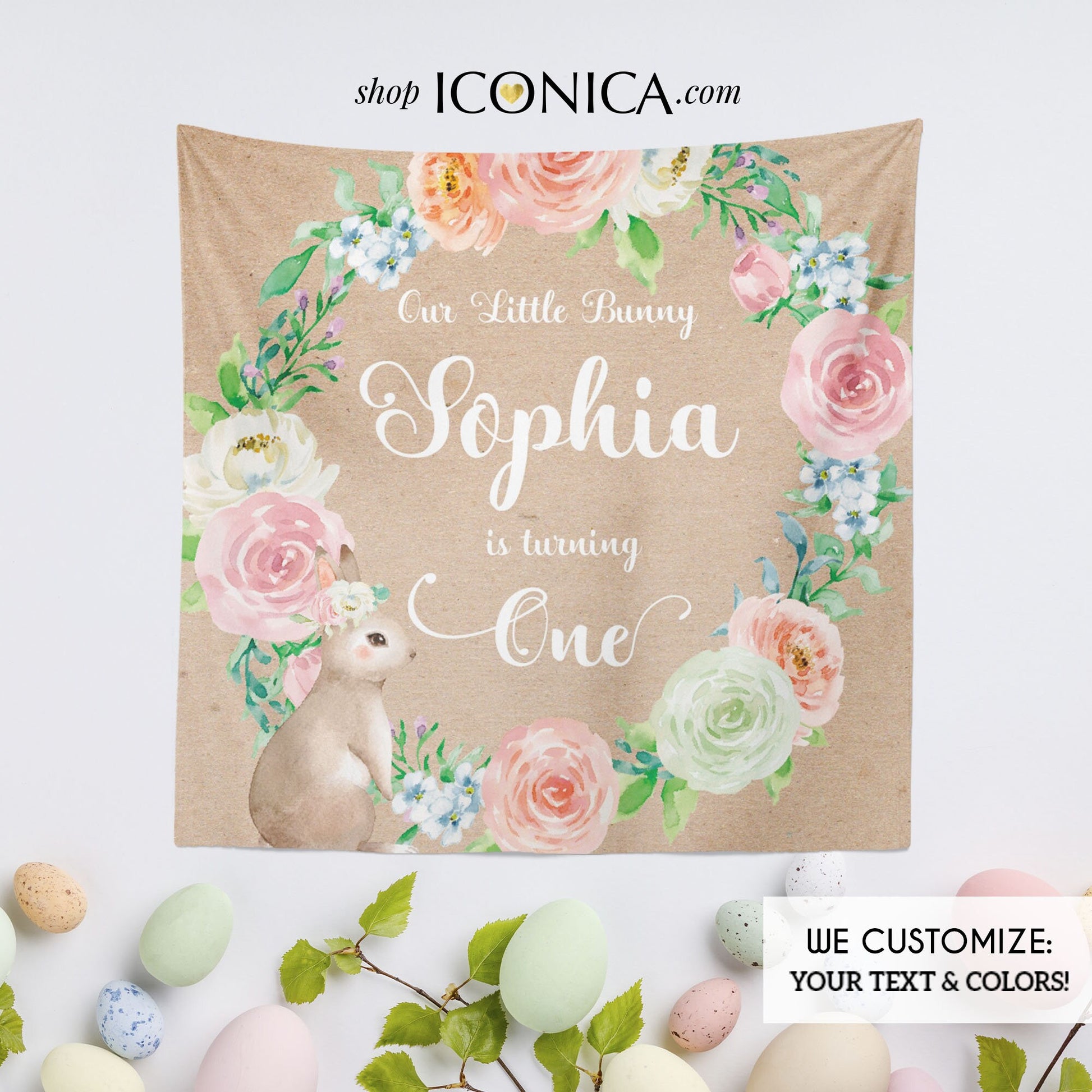 Personalized Easter Bunny Fabric Backdrop, Floral Wreath Decor