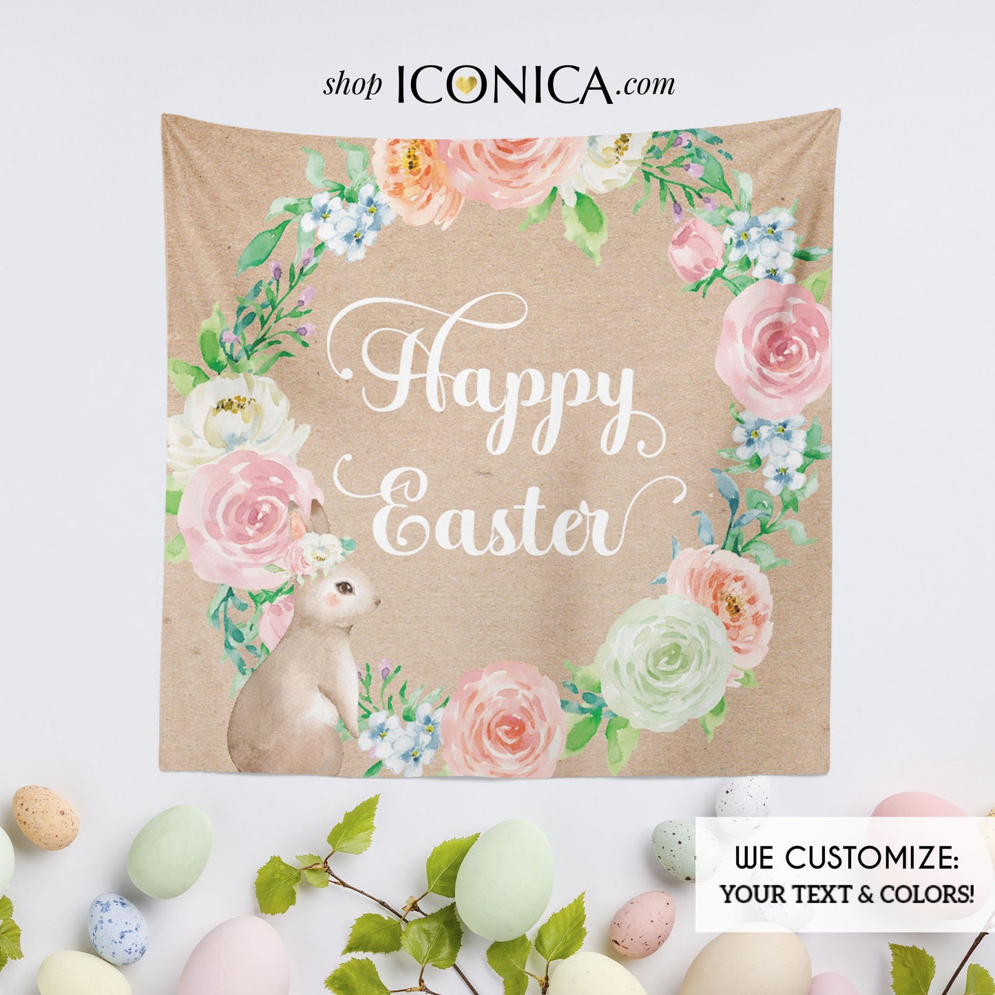 Personalized Easter Bunny Fabric Backdrop, Floral Wreath Decor