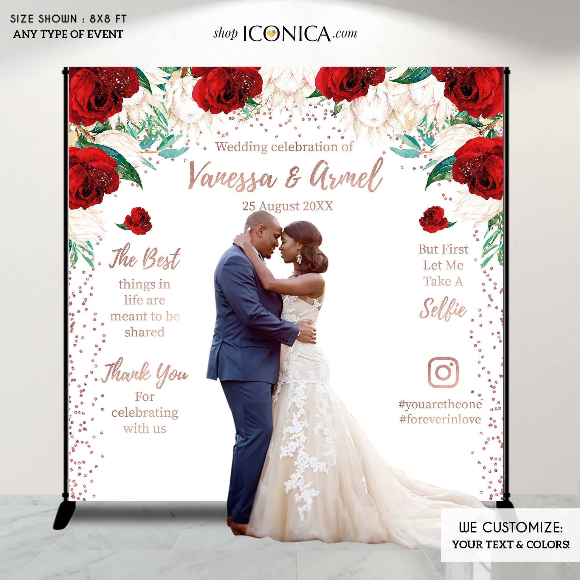 Personalized Wedding Photo Backdrop, Red Rose Gold Decor